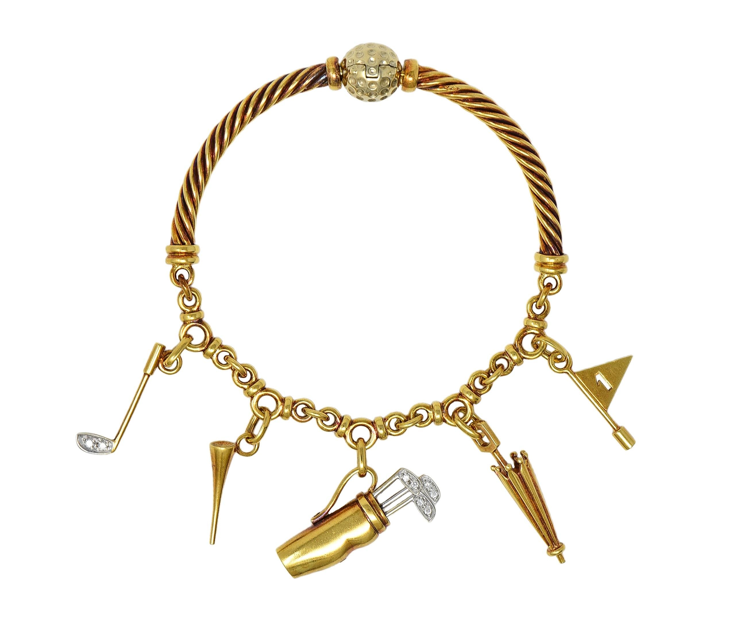 Pomellato 1990's Diamond 18 Karat Two-Tone Gold Vintage Golf Charm Bracelet