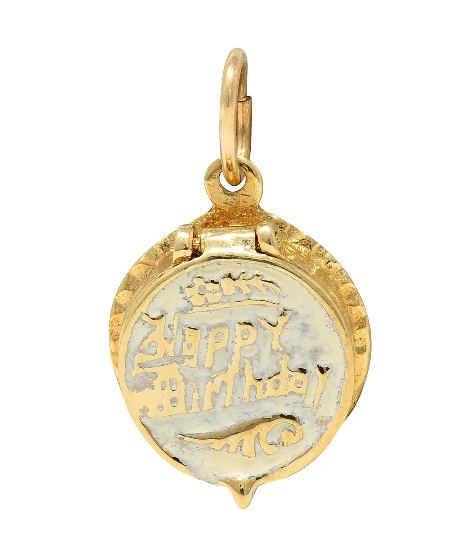 Mid-Century Enamel 14 Karat Gold Vintage Birthday Cake Surprise Charm