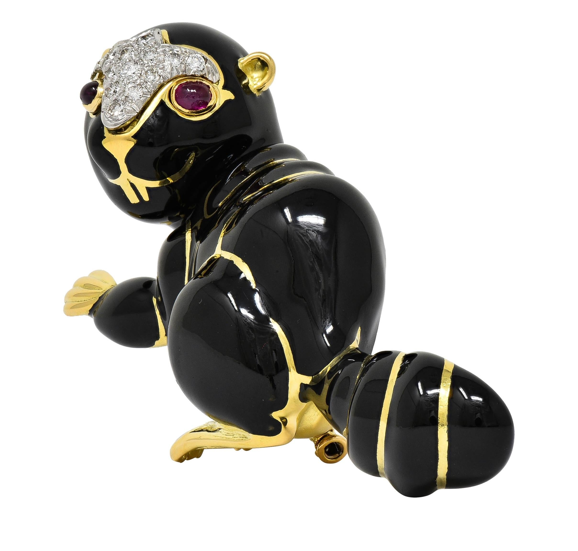 David Webb 1965 Diamond Ruby Enamel Platinum 18K Gold Vintage Beaver Brooch