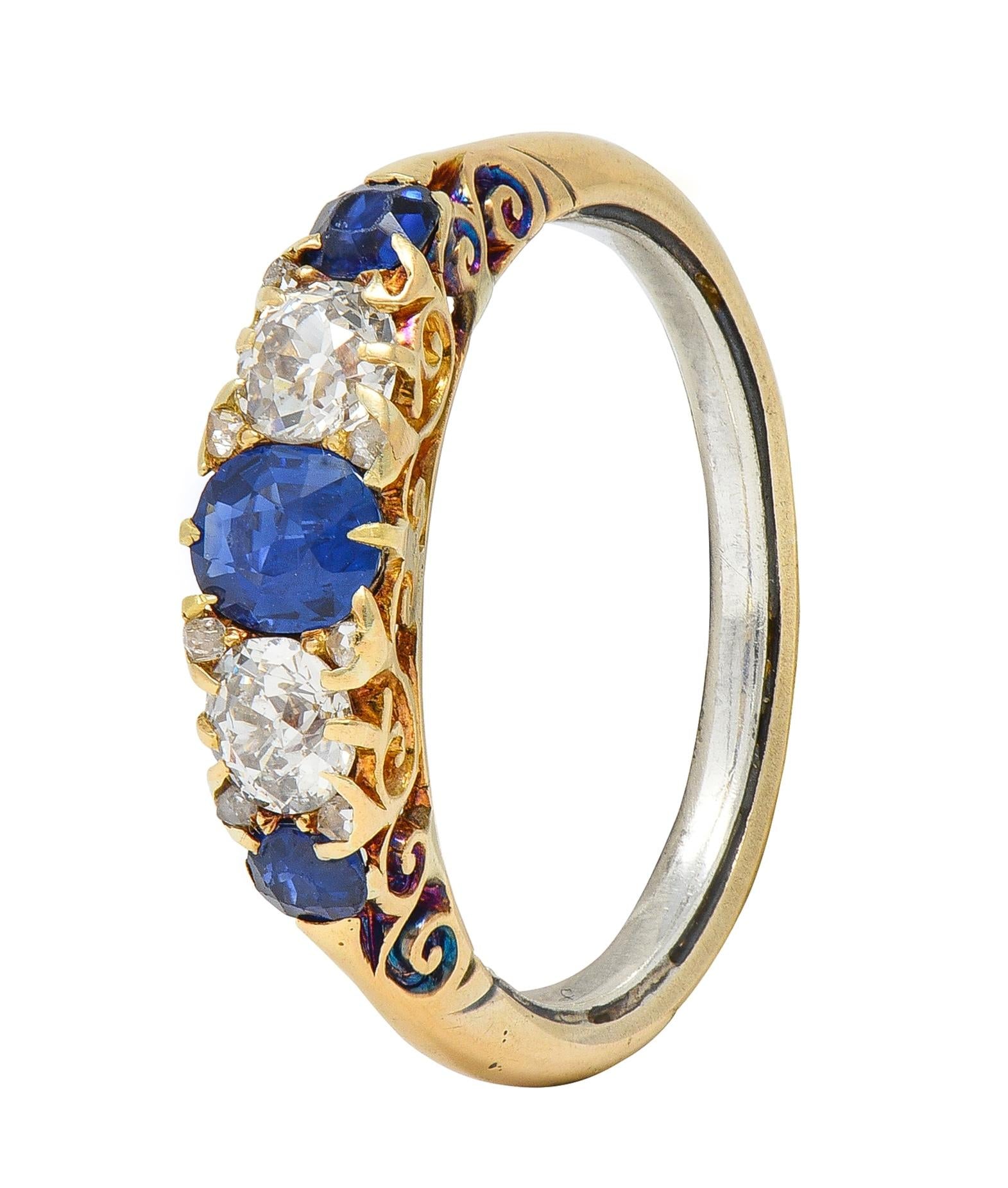 Victorian 1.40 CTW Sapphire Diamond 18K Yellow Gold Antique Scroll Band Ring