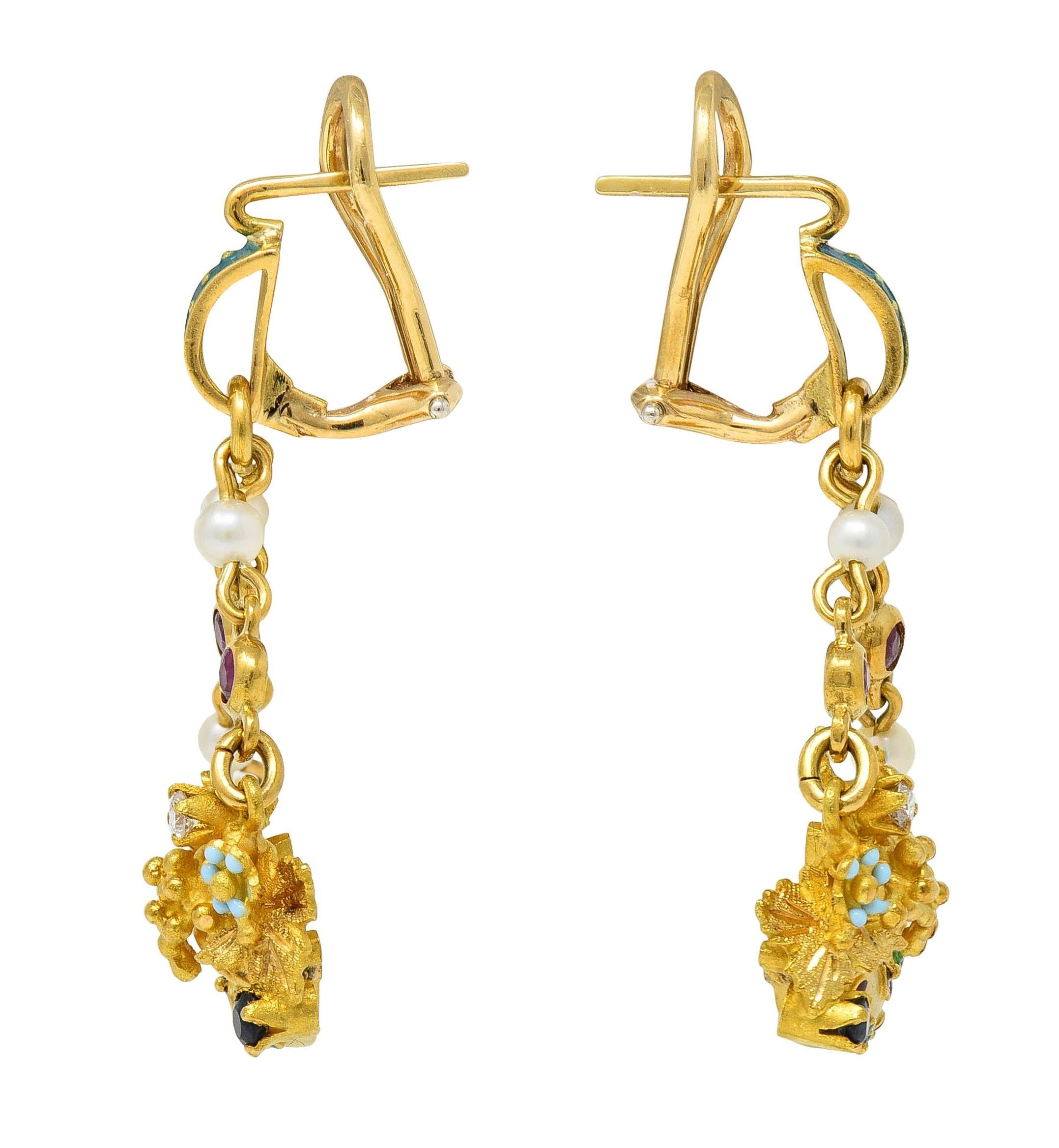 Vintage Etruscan Revival Multi-Gem Enamel 18 Karat Gold Cornucopia Earrings