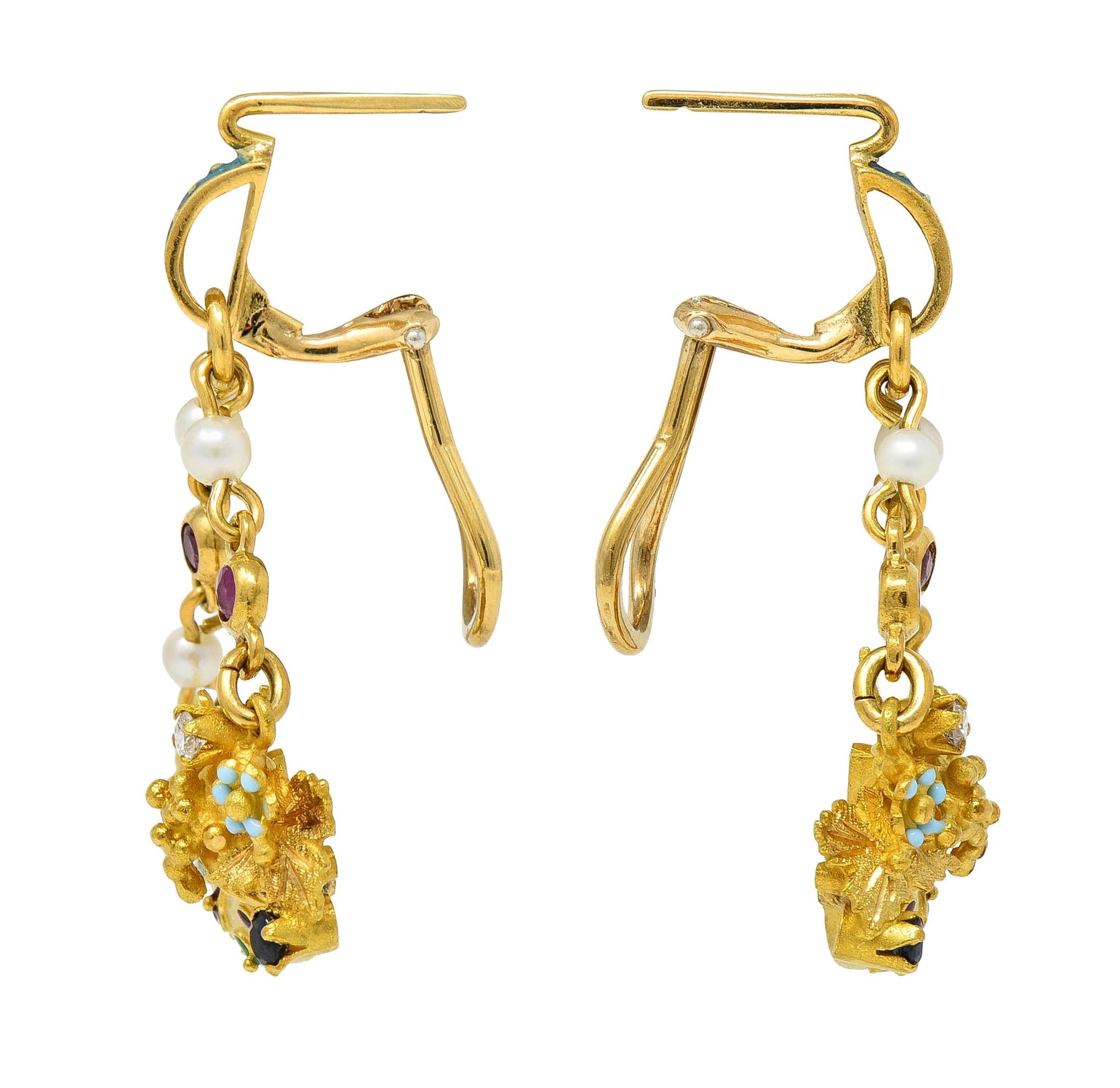 Vintage Etruscan Revival Multi-Gem Enamel 18 Karat Gold Cornucopia Earrings