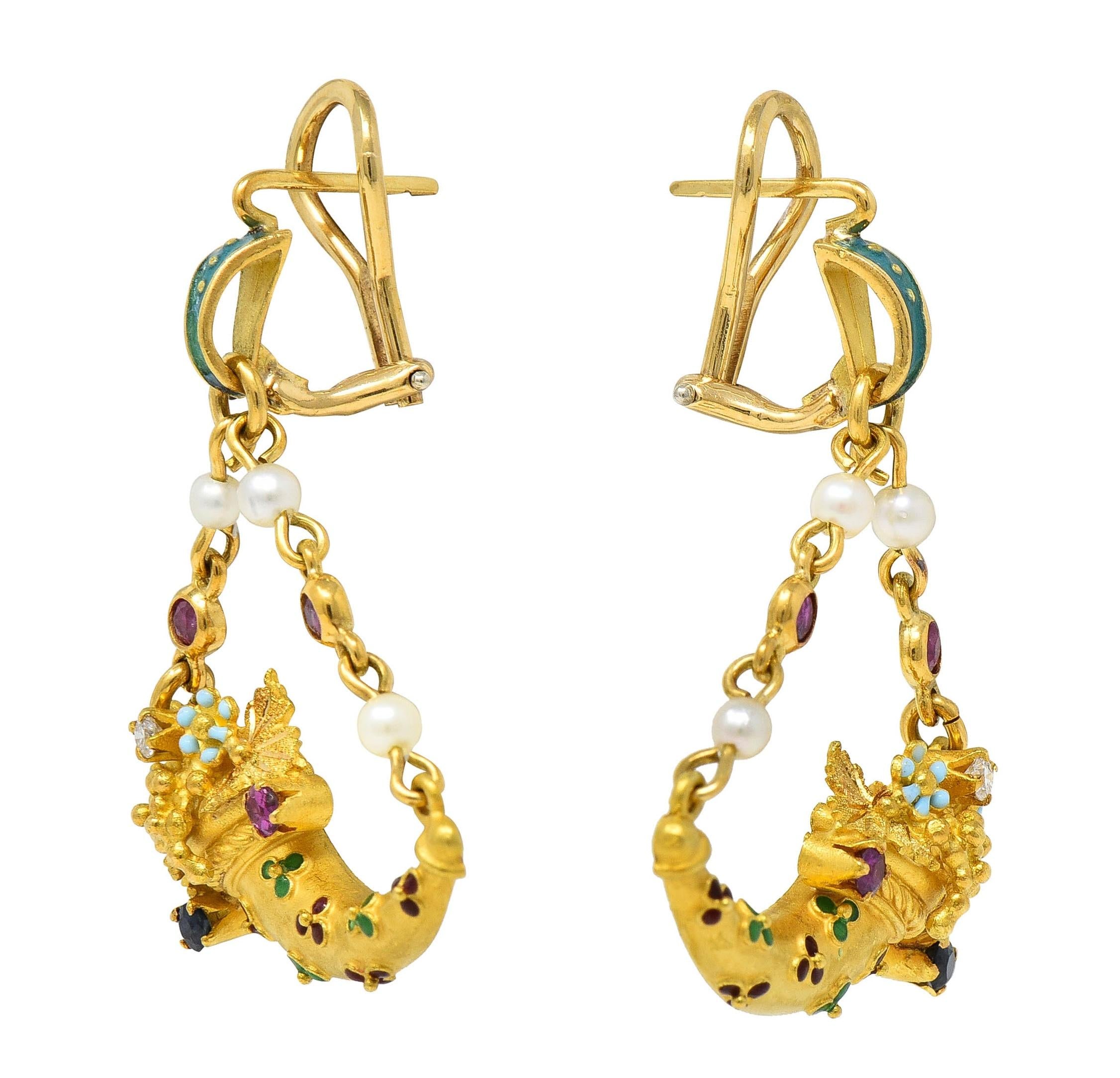 Vintage Etruscan Revival Multi-Gem Enamel 18 Karat Gold Cornucopia Earrings