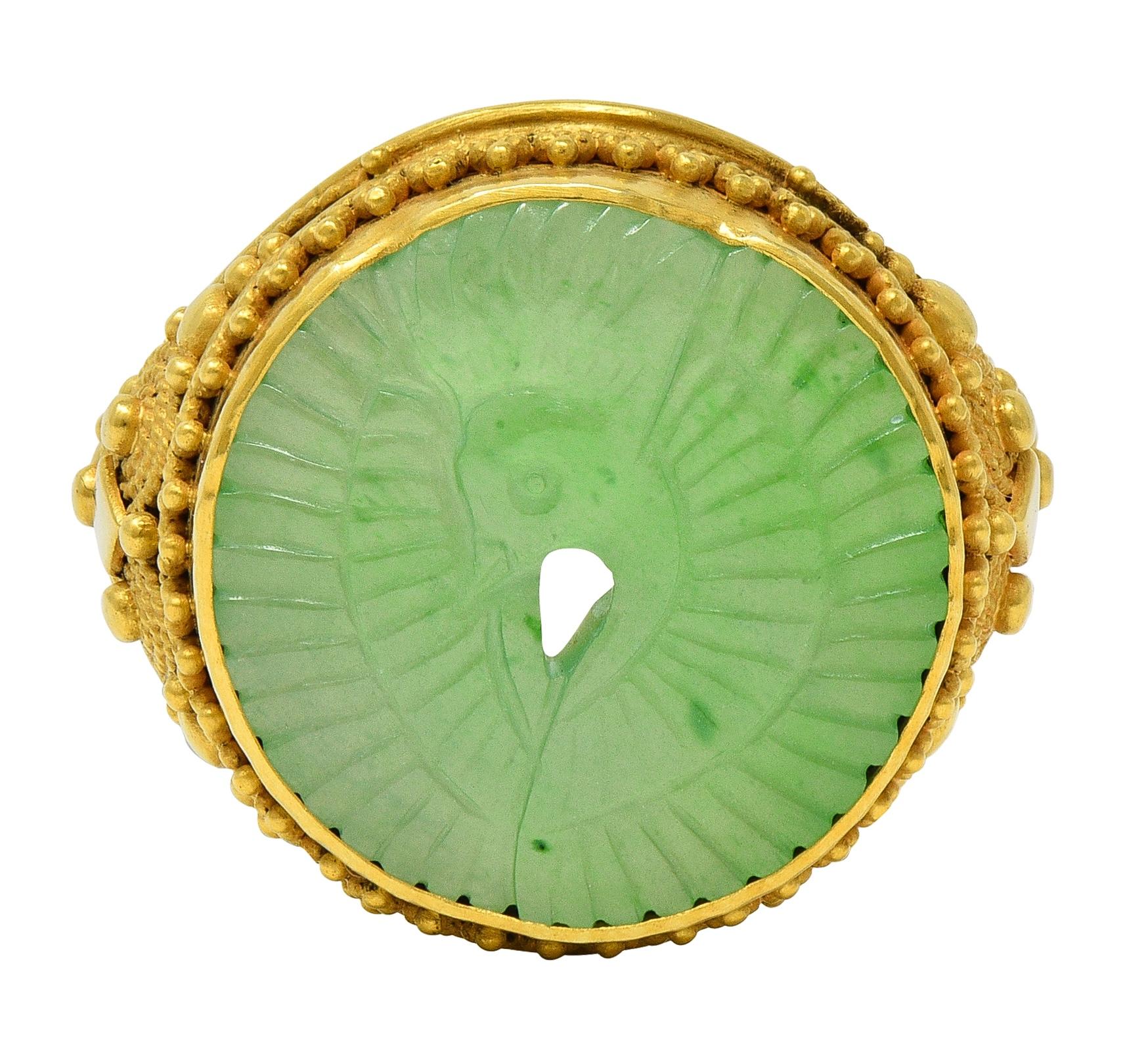Etruscan Revival Victorian Jade 14K Gold Antique Granulated Crane Signet Ring