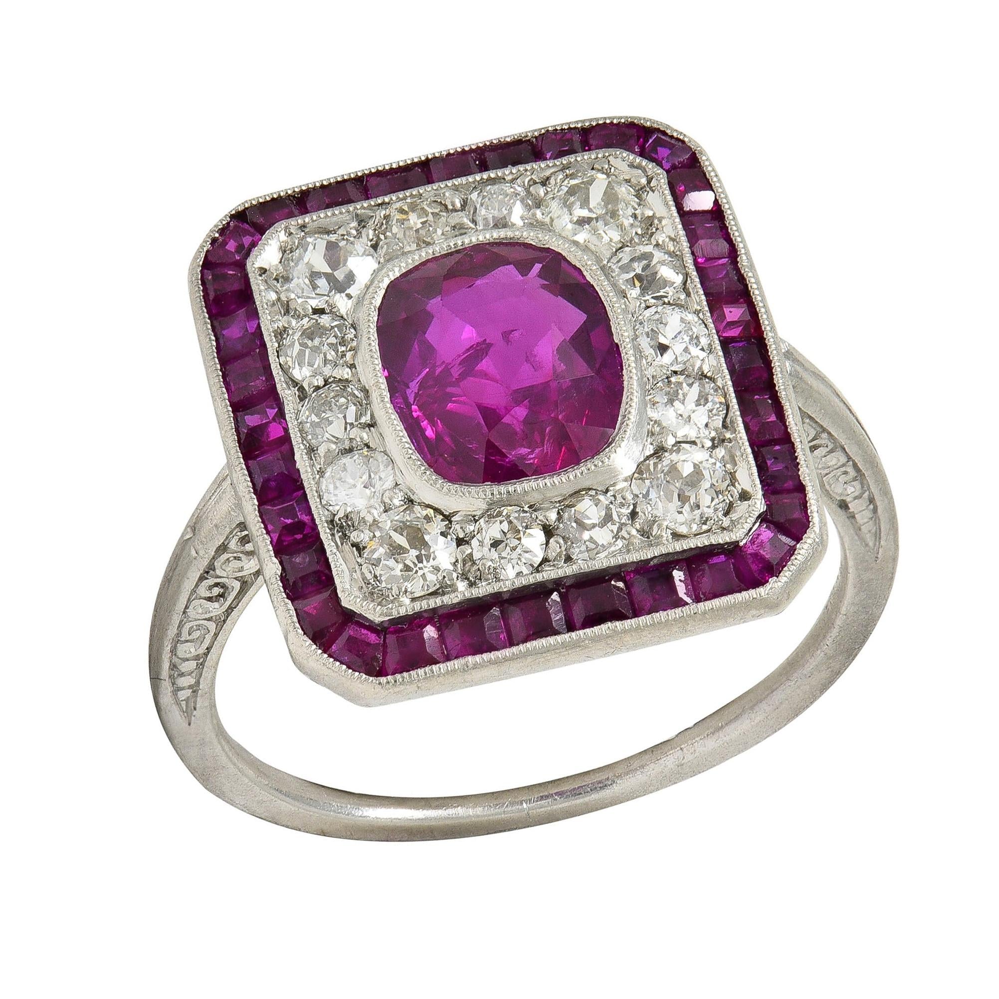 Art Deco 4.12 CTW No Heat Burma Ruby Diamond Platinum Vintage Halo Ring AGL