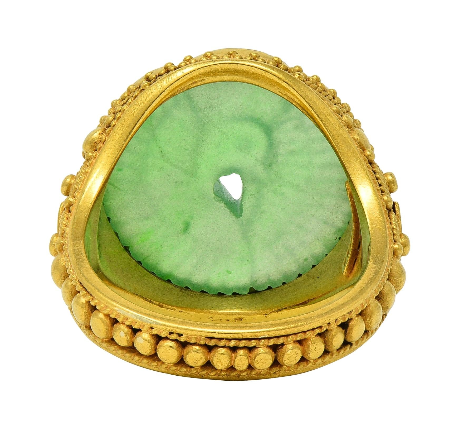 Etruscan Revival Victorian Jade 14K Gold Antique Granulated Crane Signet Ring