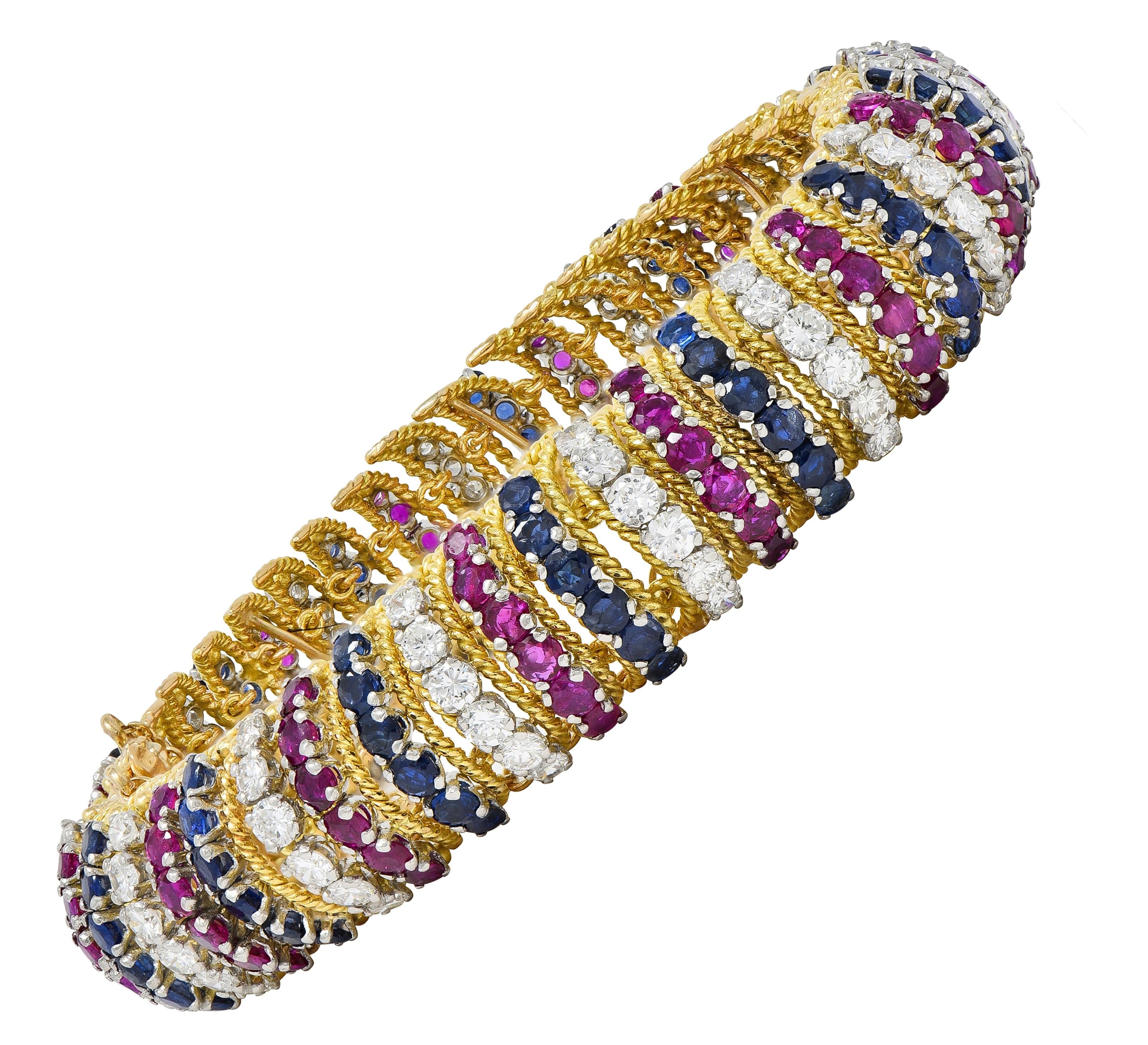 Vourakis 1990 14.08 CTW Sapphire Diamond Ruby Platinum 18K Gold Vintage Bracelet