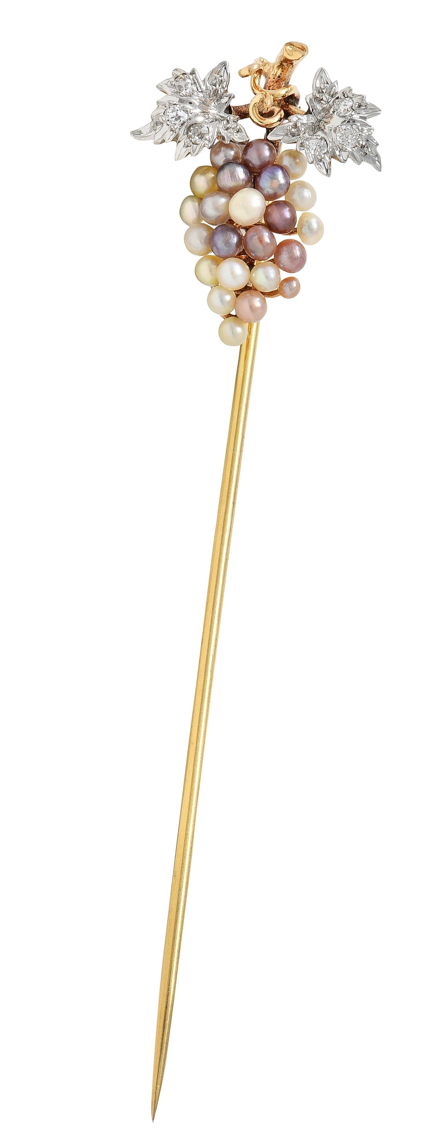 Edwardian Pearl Diamond Platinum 14 Karat Yellow Gold Antique Grape Stickpin