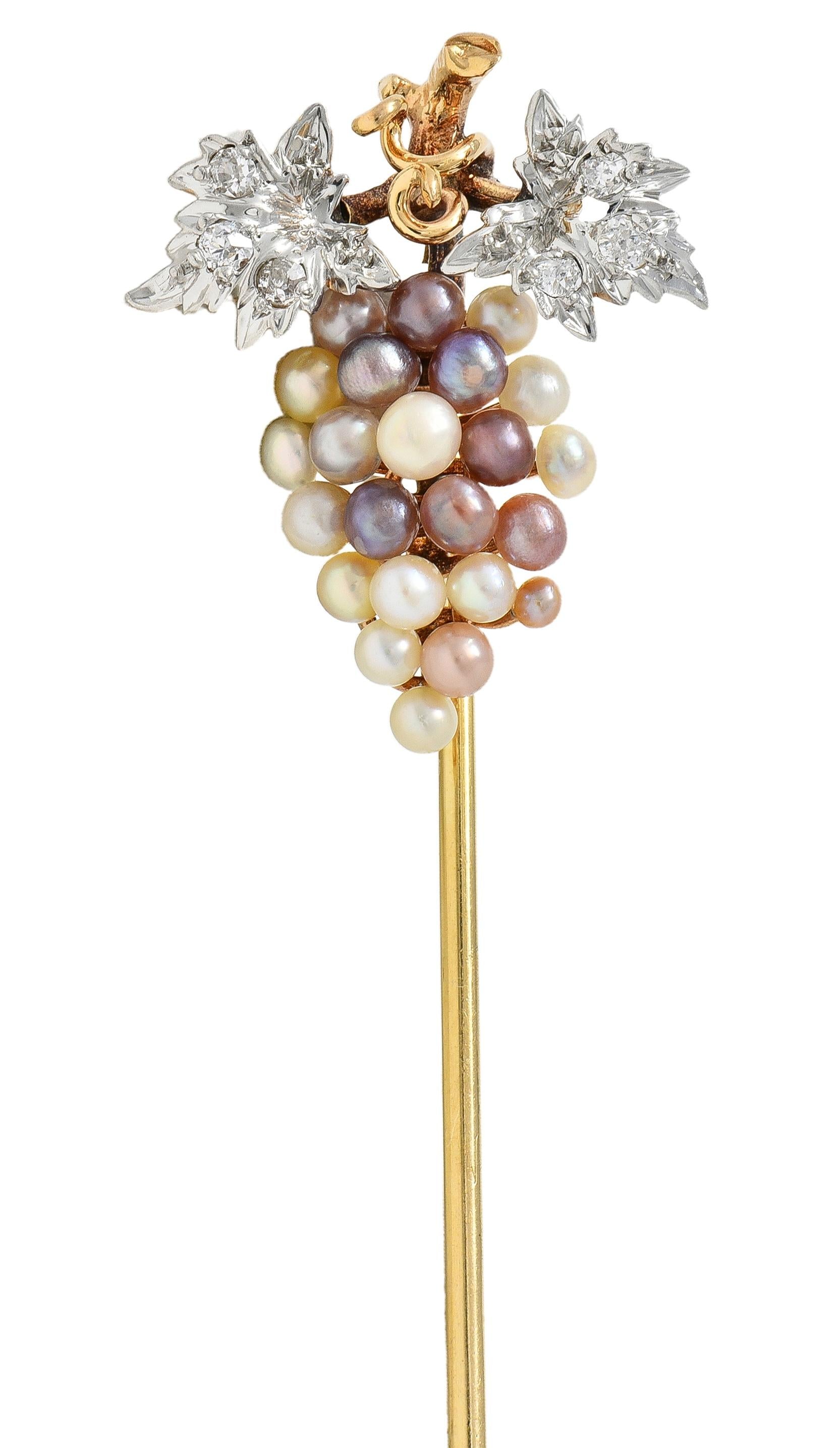 Edwardian Pearl Diamond Platinum 14 Karat Yellow Gold Antique Grape Stickpin