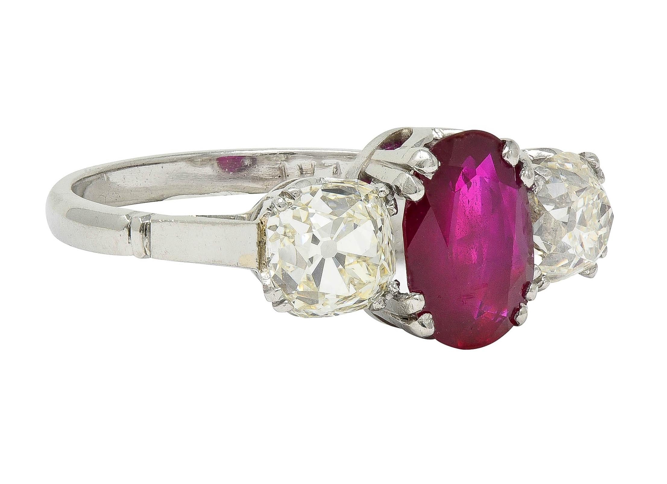 Art Deco 3.35 CTW No Heat Burma Ruby Diamond Platinum Vintage 3 Stone Ring GIA