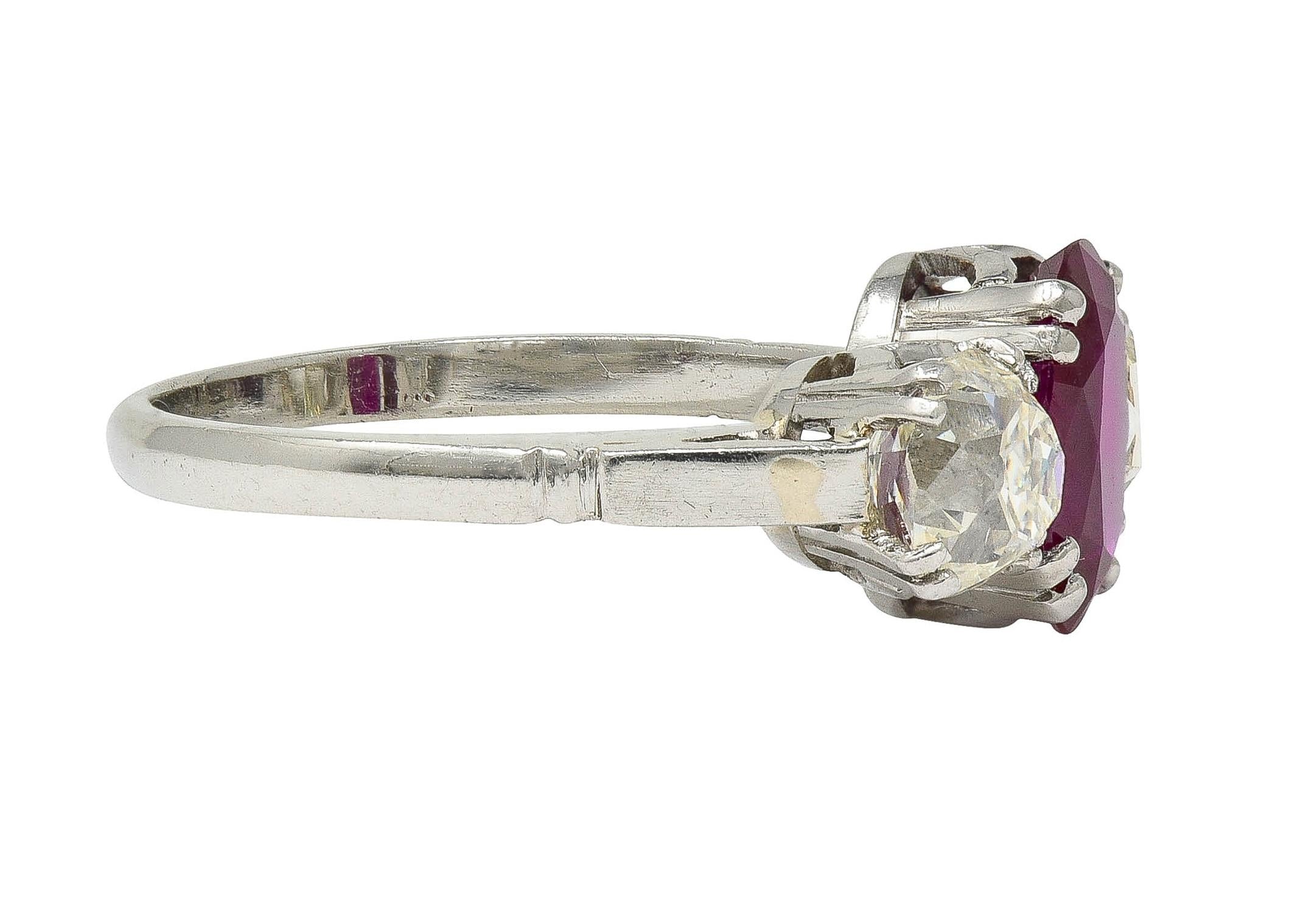 Art Deco 3.35 CTW No Heat Burma Ruby Diamond Platinum Vintage 3 Stone Ring GIA