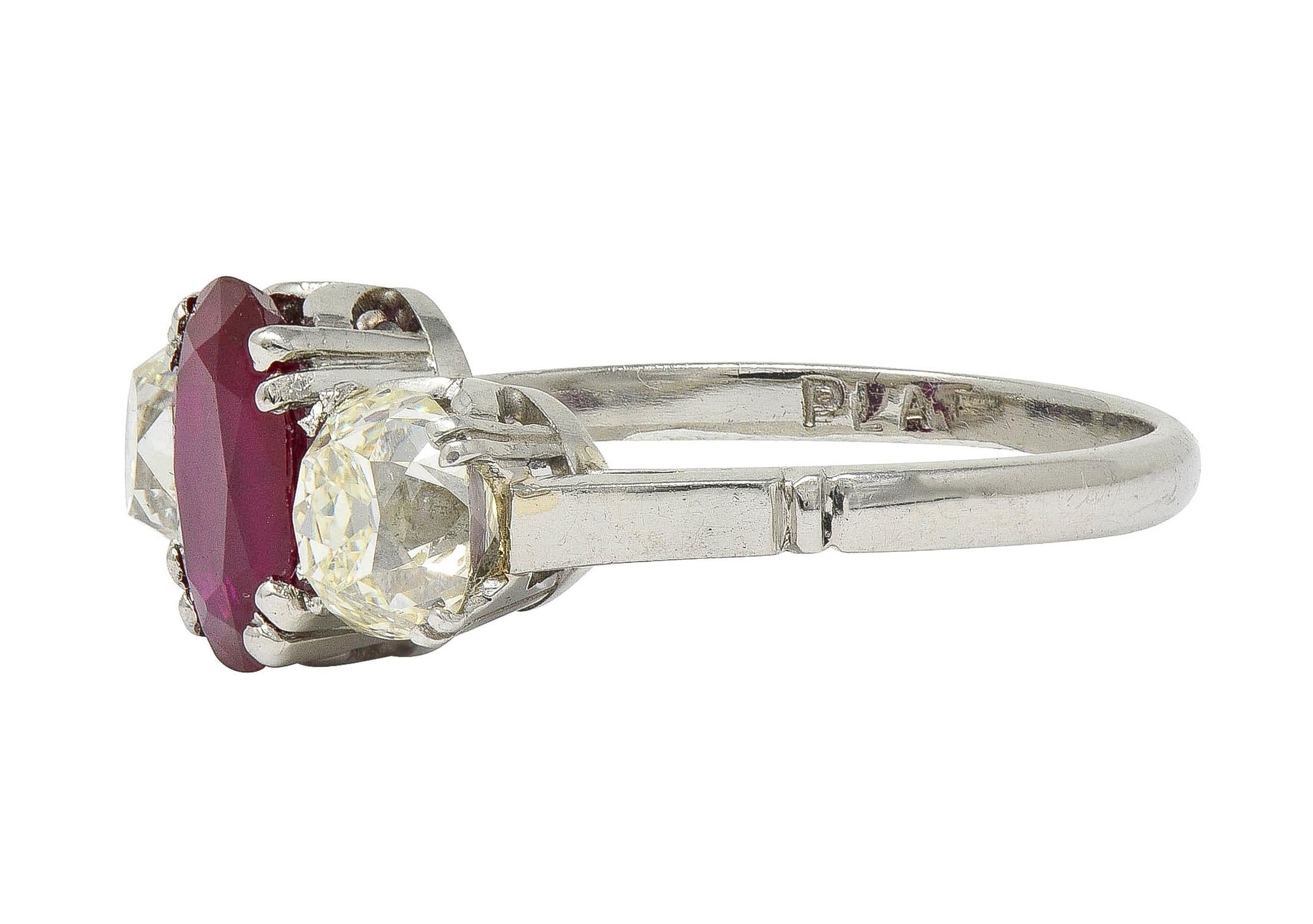 Art Deco 3.35 CTW No Heat Burma Ruby Diamond Platinum Vintage 3 Stone Ring GIA