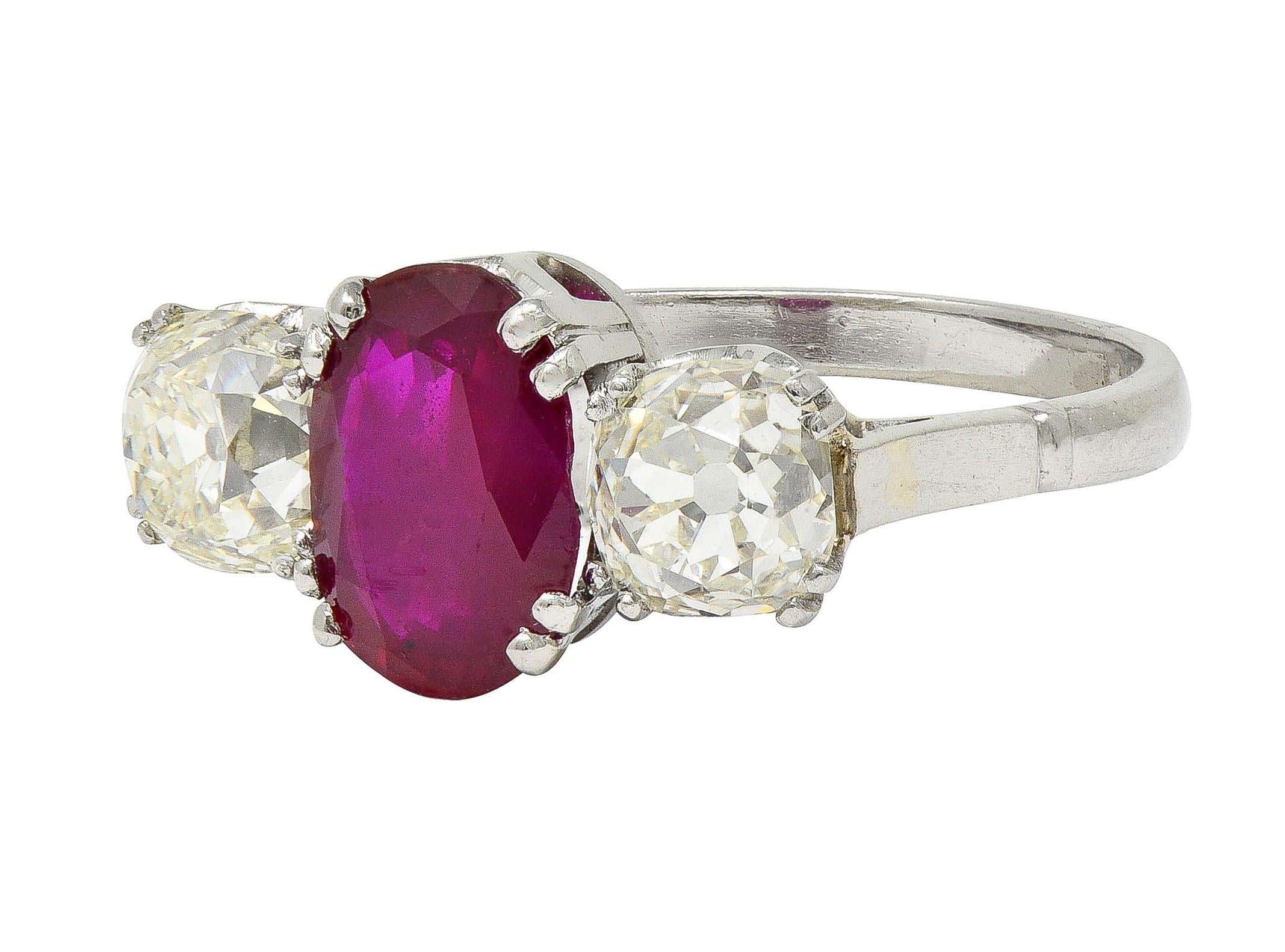 Art Deco 3.35 CTW No Heat Burma Ruby Diamond Platinum Vintage 3 Stone Ring GIA