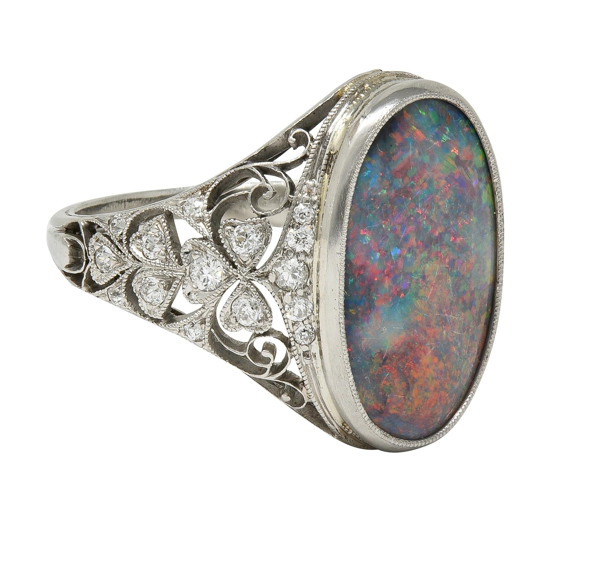 Edwardian Black Opal Diamond Platinum Antique Clover Dinner Ring