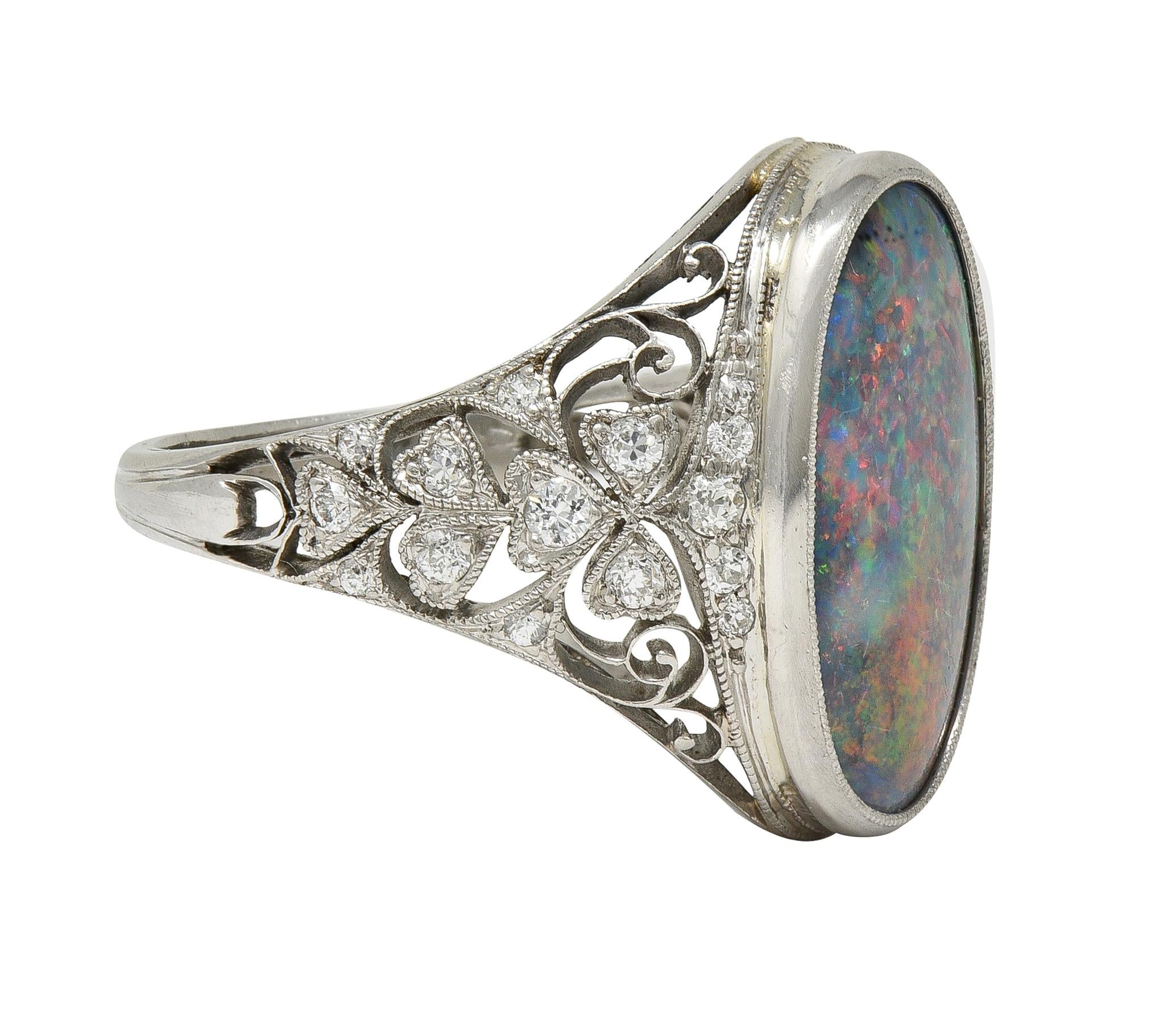 Edwardian Black Opal Diamond Platinum Antique Clover Dinner Ring