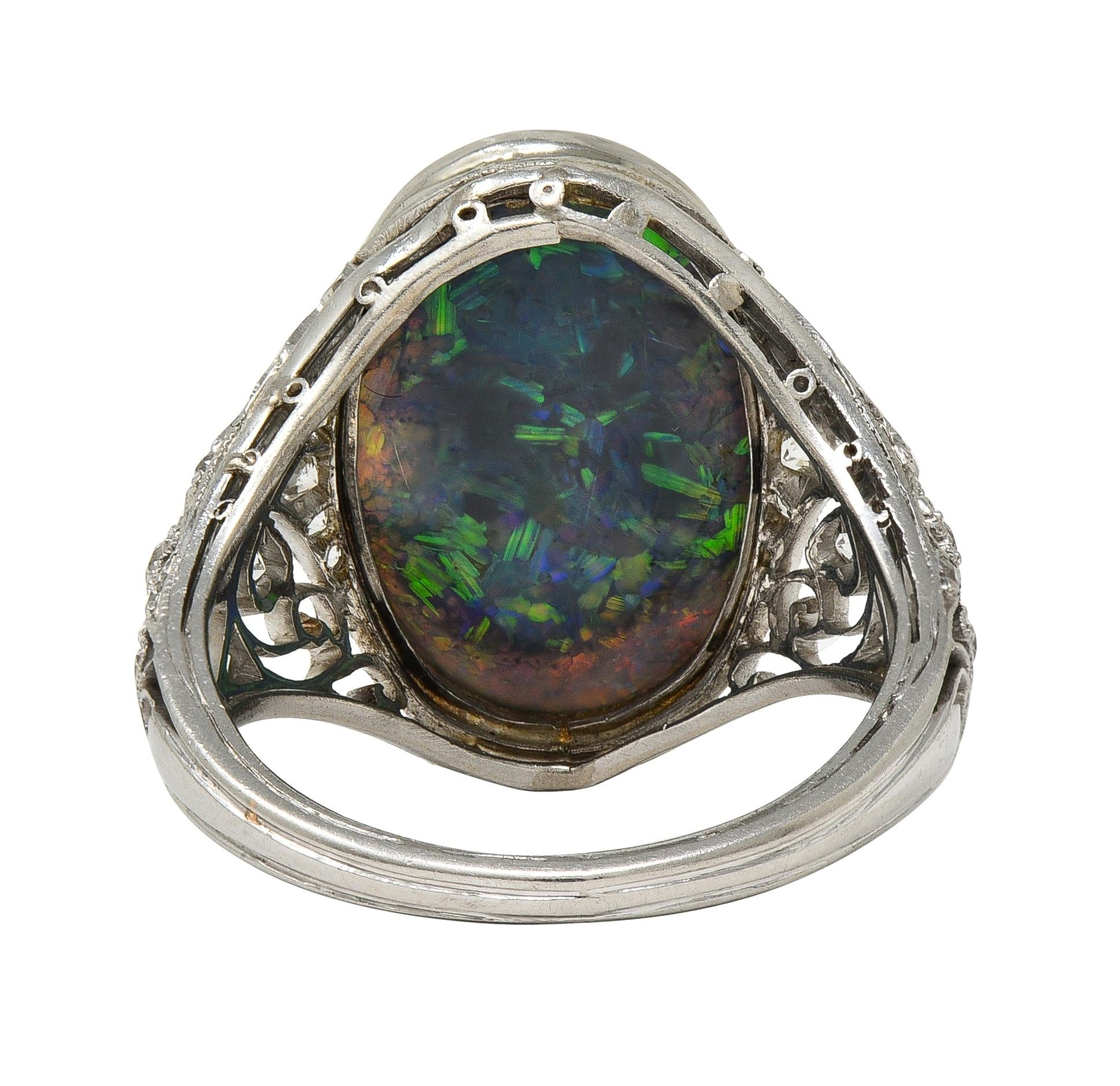 Edwardian Black Opal Diamond Platinum Antique Clover Dinner Ring