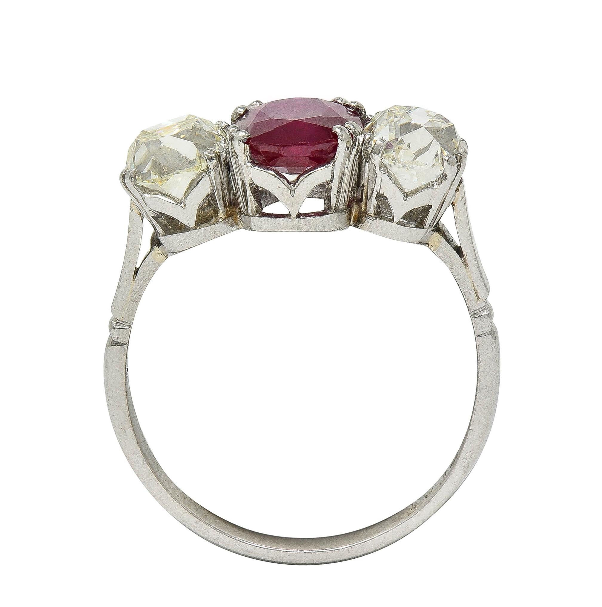 Art Deco 3.35 CTW No Heat Burma Ruby Diamond Platinum Vintage 3 Stone Ring GIA