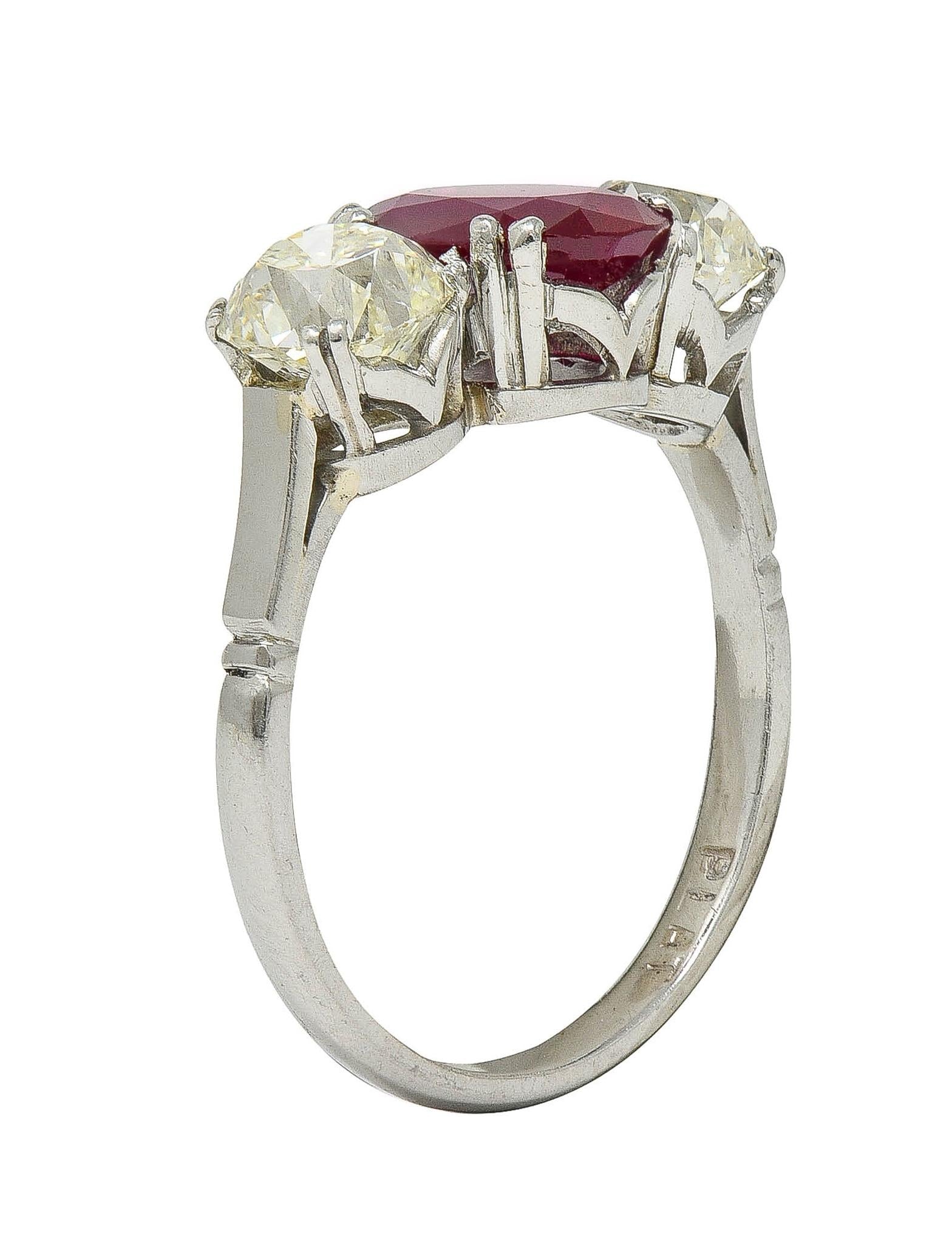 Art Deco 3.35 CTW No Heat Burma Ruby Diamond Platinum Vintage 3 Stone Ring GIA