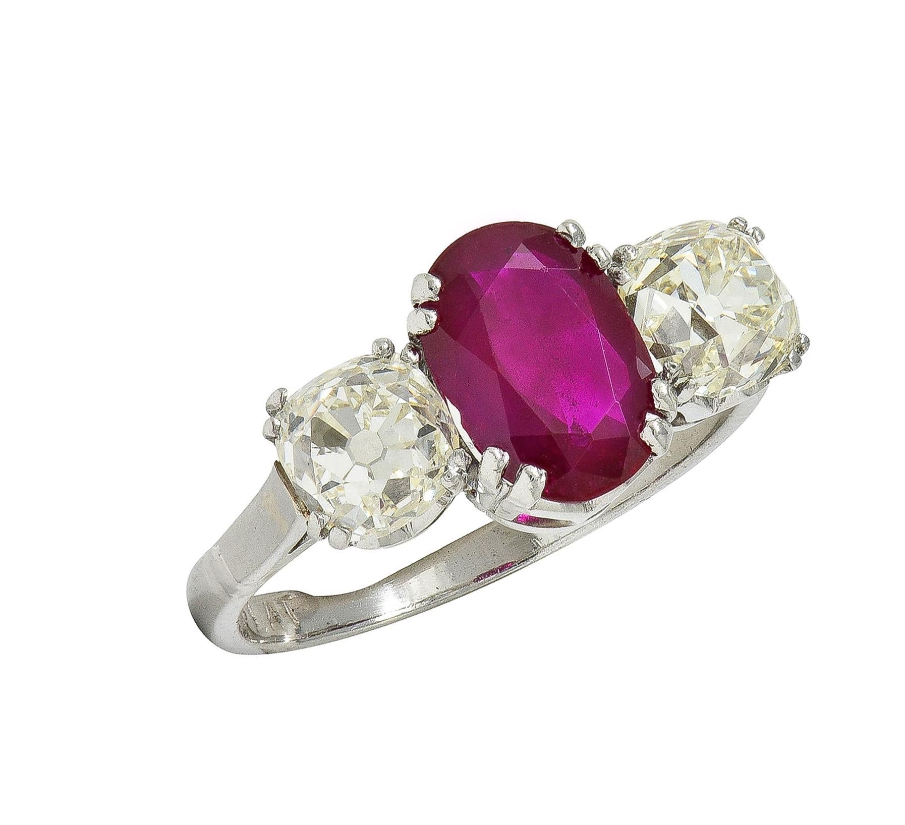 Art Deco 3.35 CTW No Heat Burma Ruby Diamond Platinum Vintage 3 Stone Ring GIA