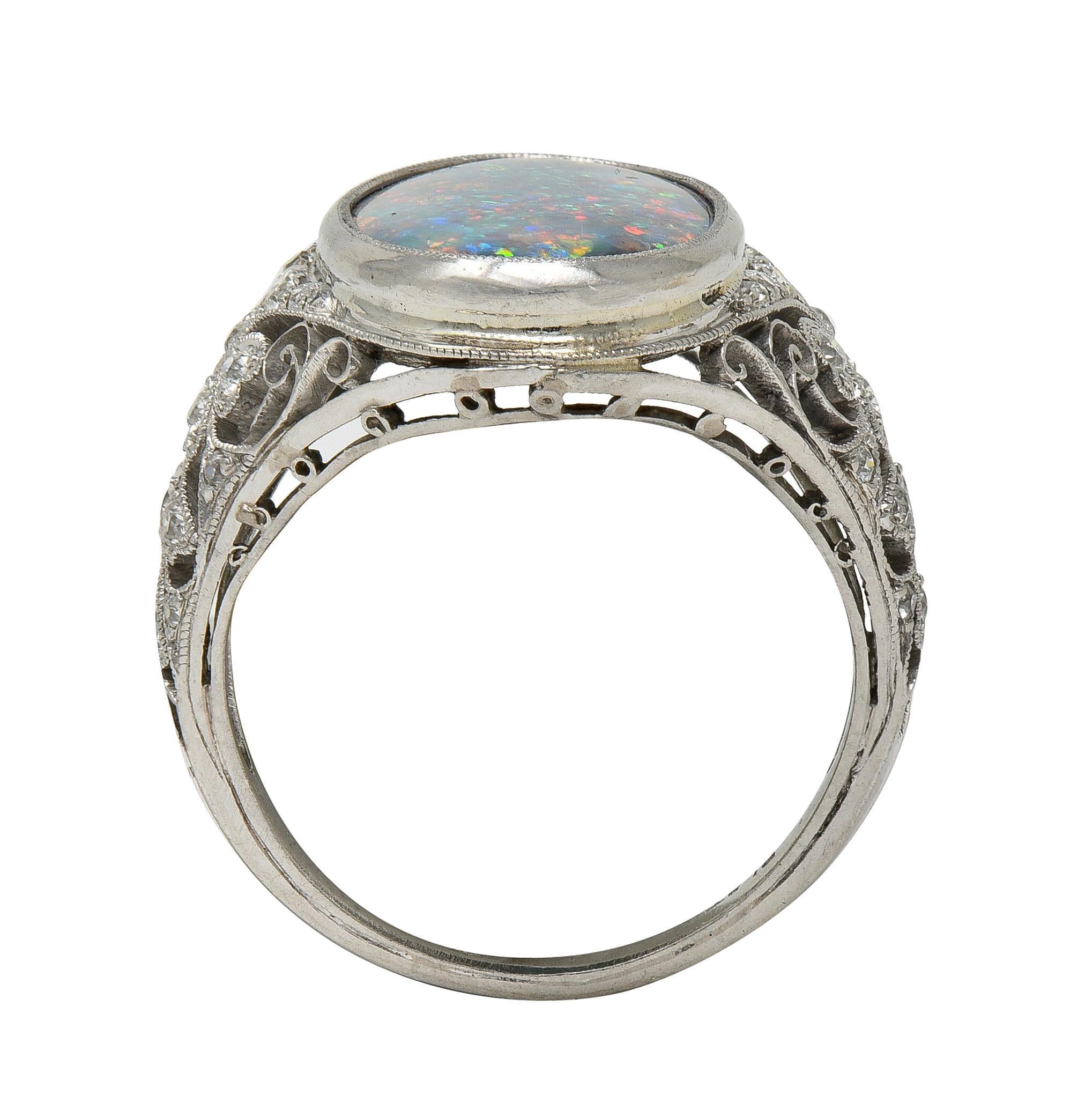 Edwardian Black Opal Diamond Platinum Antique Clover Dinner Ring
