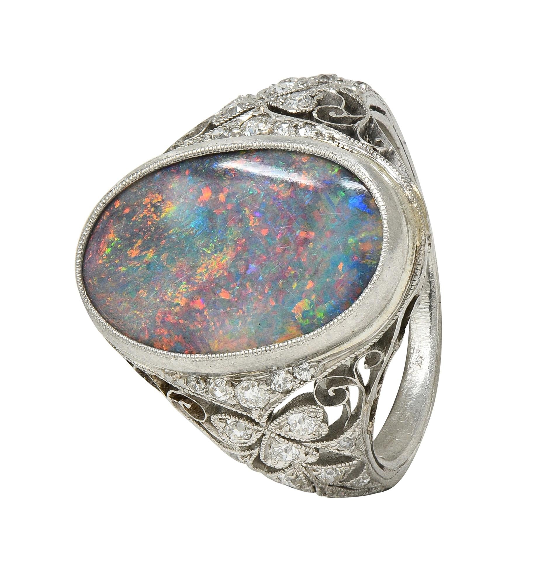 Edwardian Black Opal Diamond Platinum Antique Clover Dinner Ring