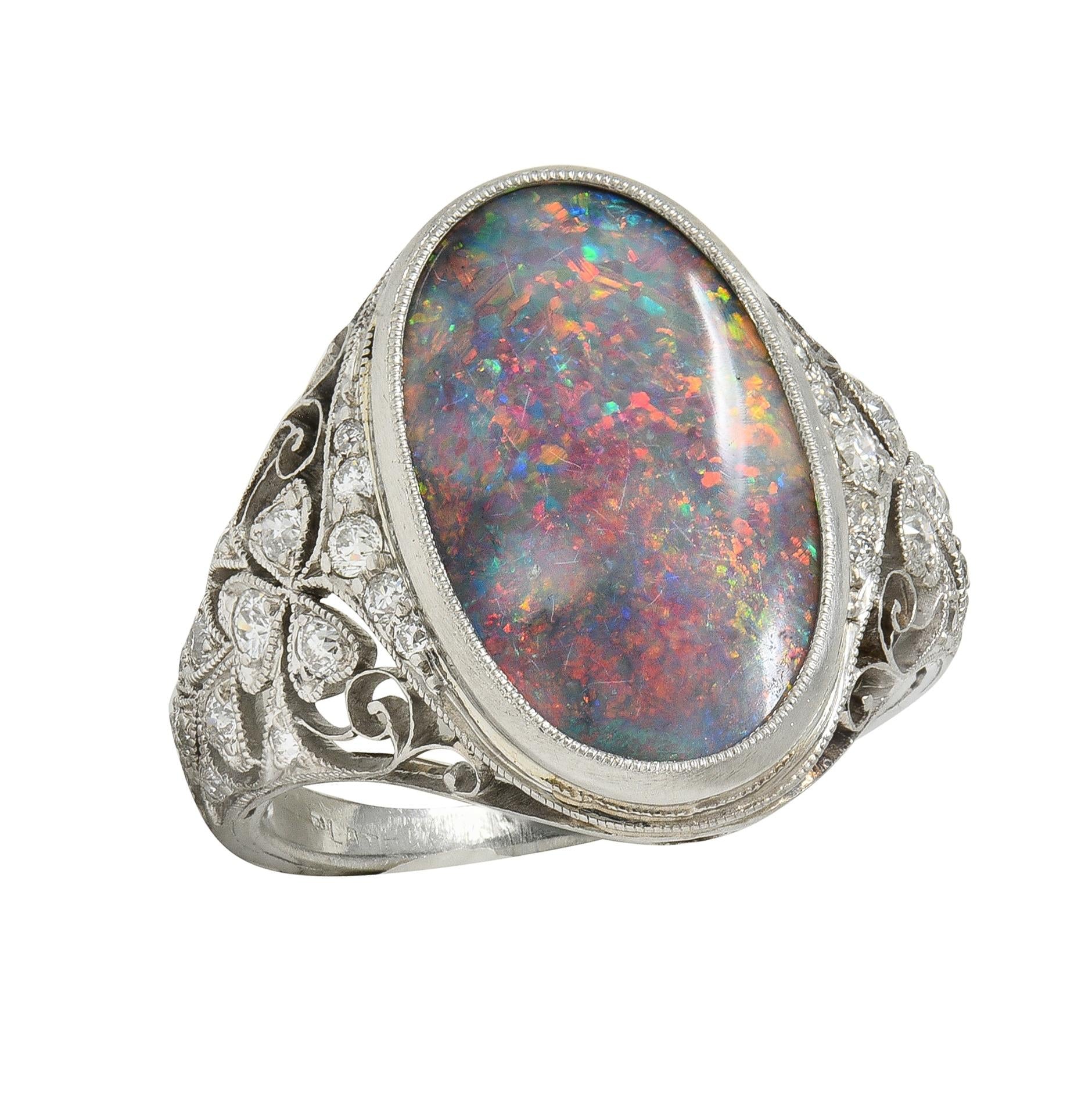 Edwardian Black Opal Diamond Platinum Antique Clover Dinner Ring