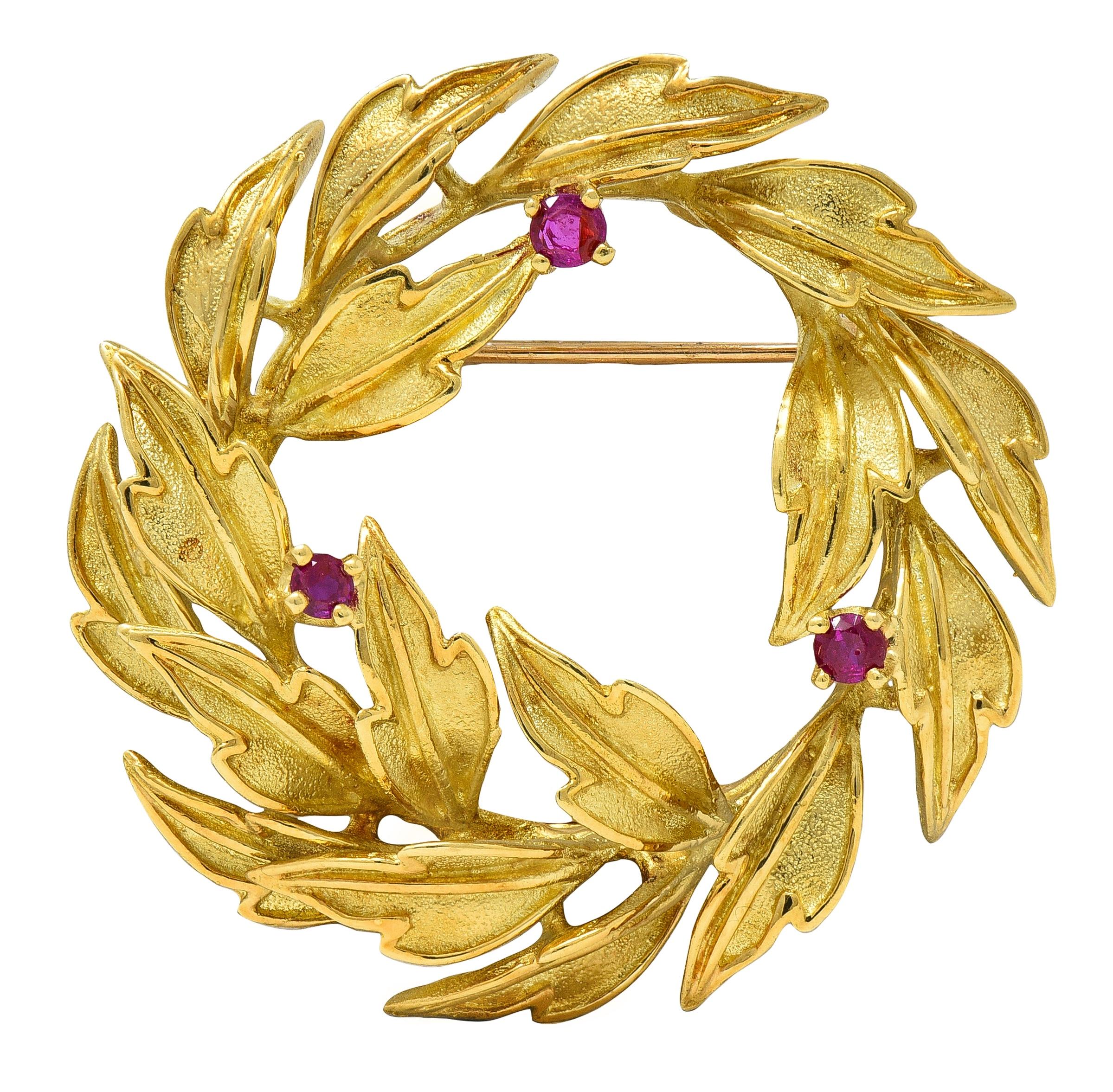 Tiffany & Co. Ruby 18 Karat Yellow Gold Vintage Circle Wreath Brooch