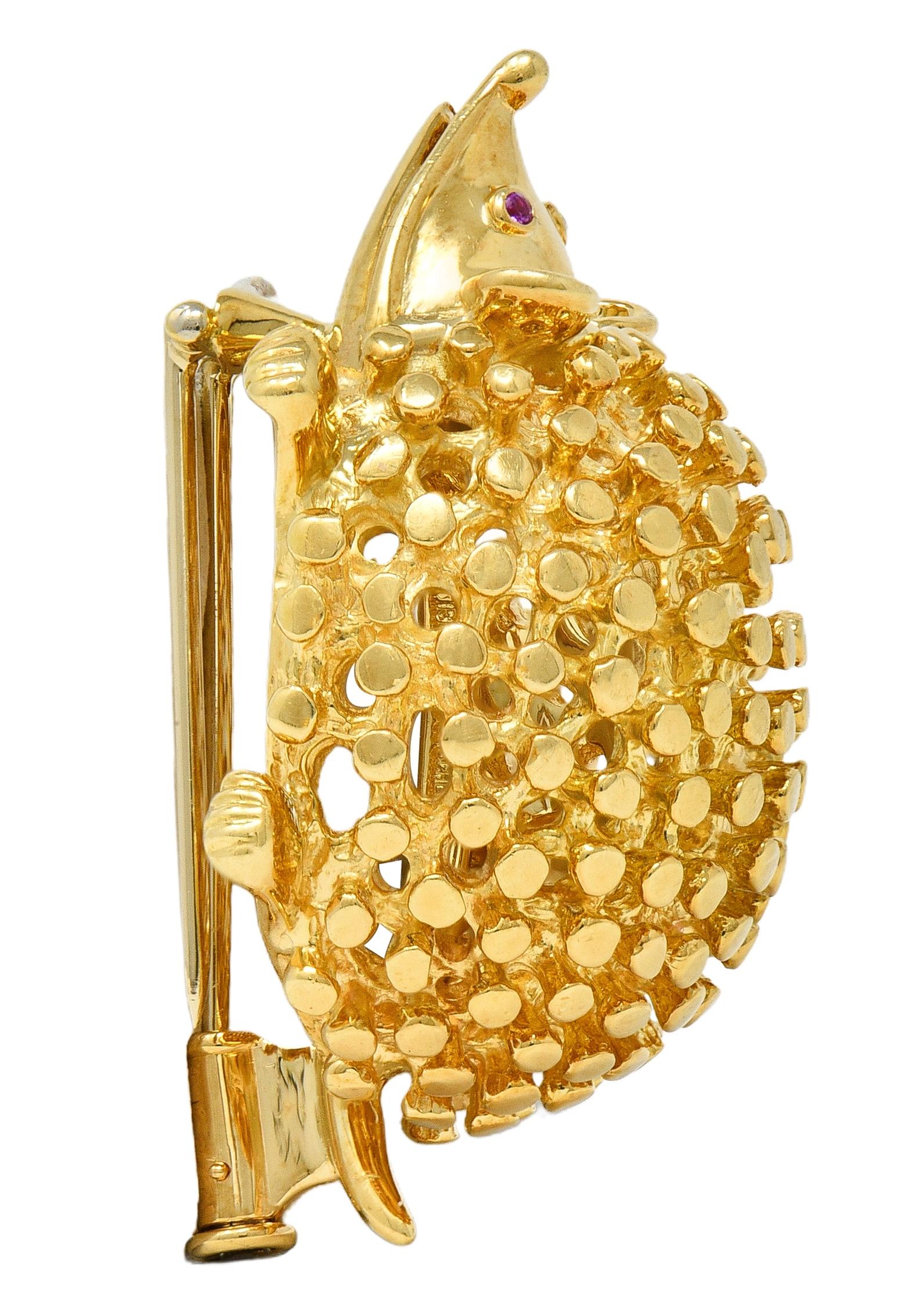 Schlumberger Tiffany & Co. 1980's Ruby 18K Yellow Gold Vintage Hedgehog Brooch