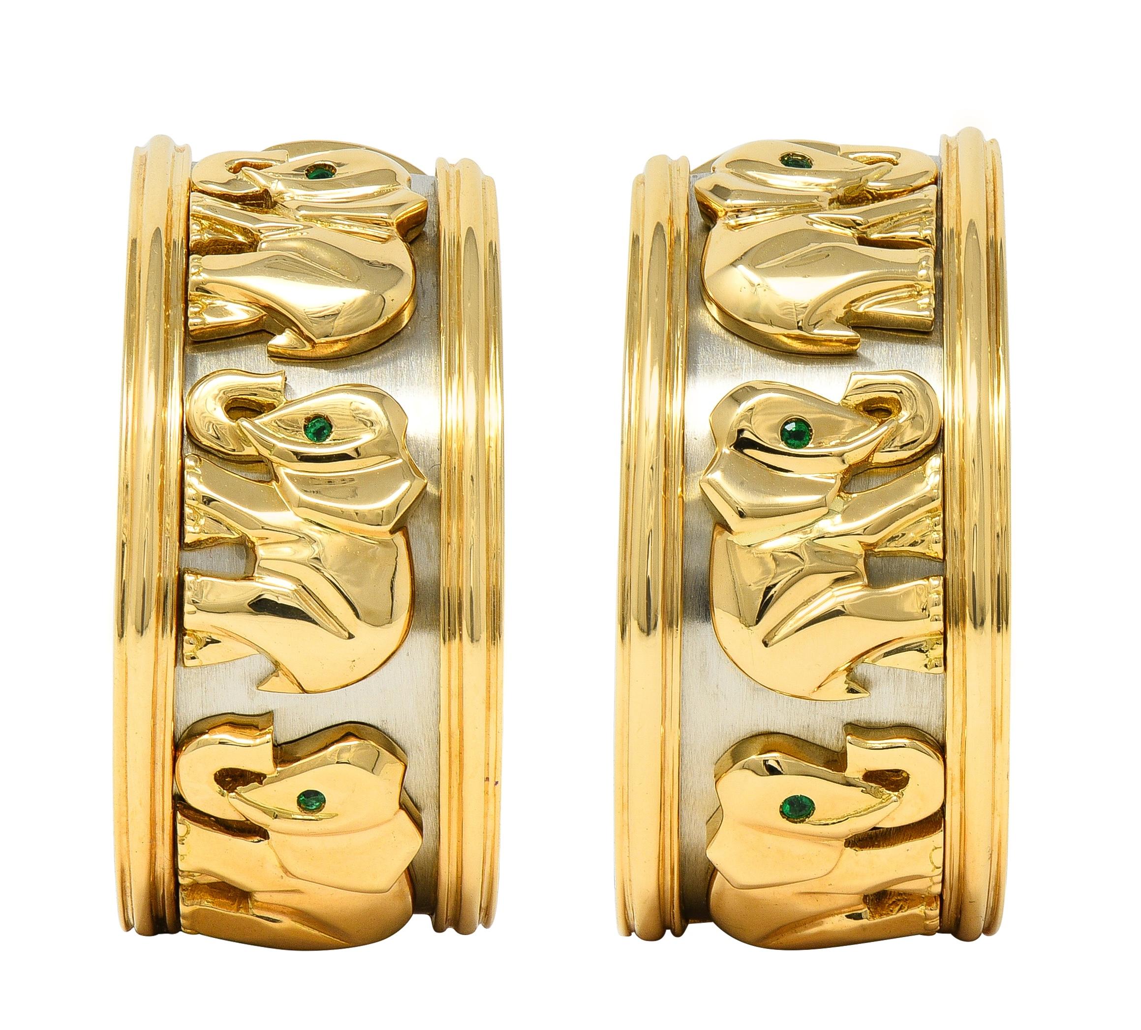 Cartier French 1990's Emerald 18K Gold Mahango Elephants Vintage J-Hoop Earrings