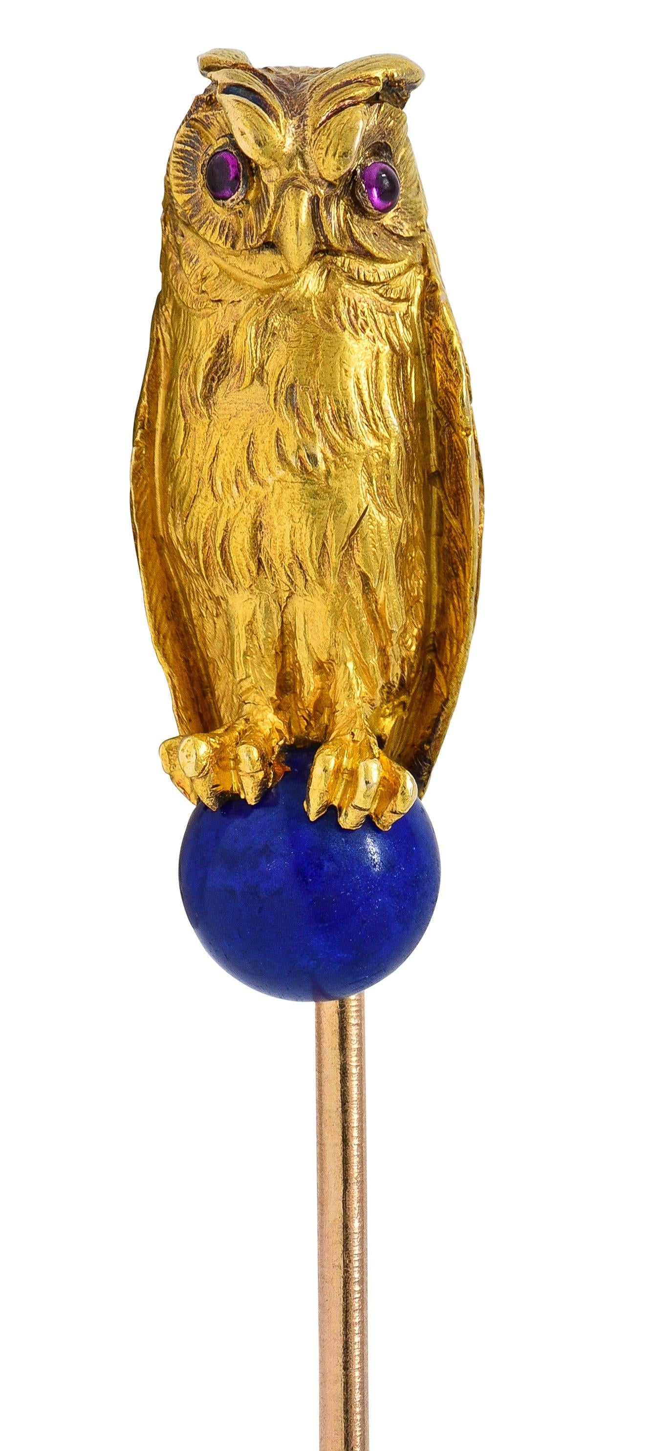 Art Nouveau Lapis Lazuli Ruby 18 Karat Yellow Gold Antique Owl Stickpin