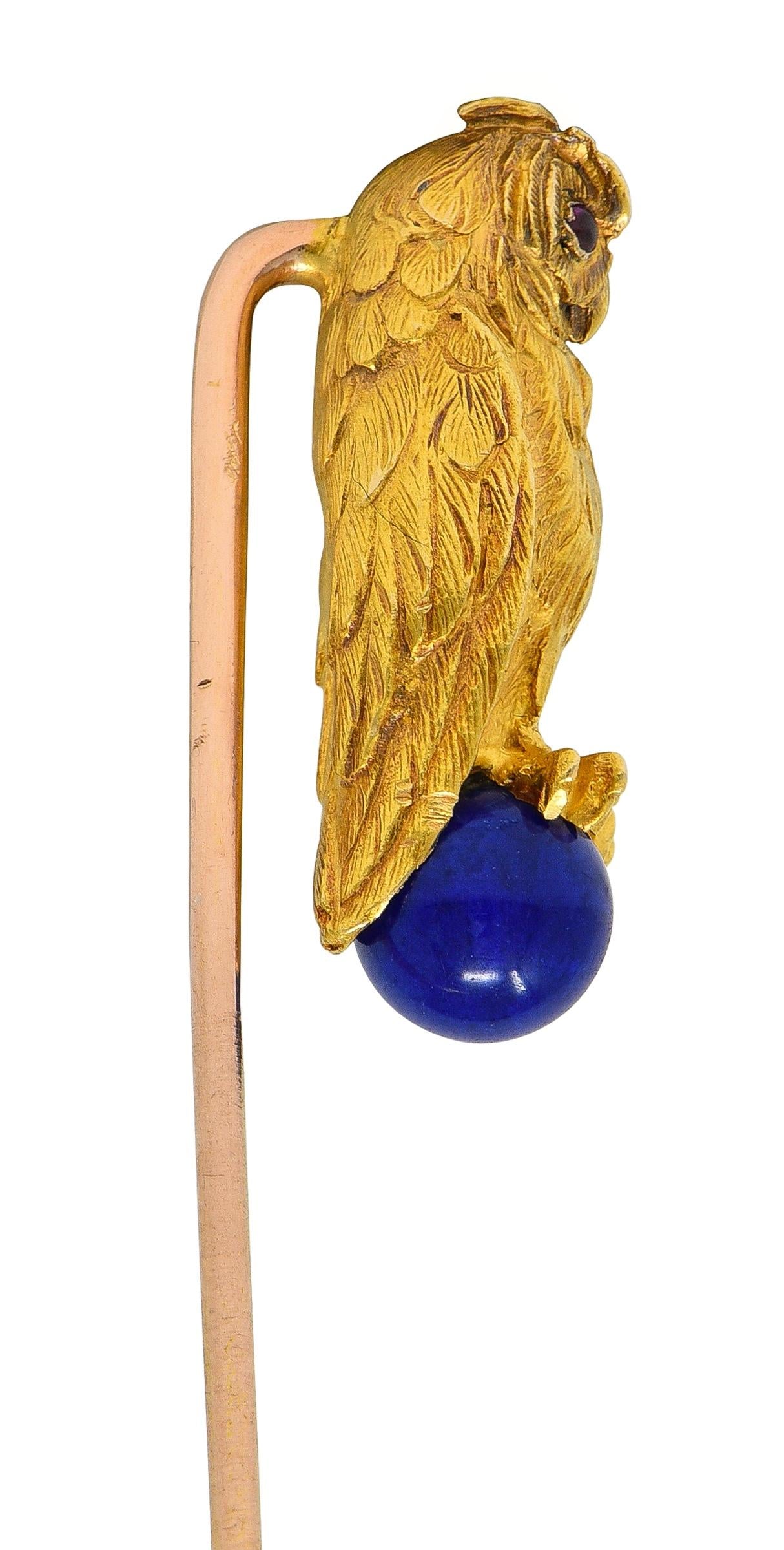 Art Nouveau Lapis Lazuli Ruby 18 Karat Yellow Gold Antique Owl Stickpin