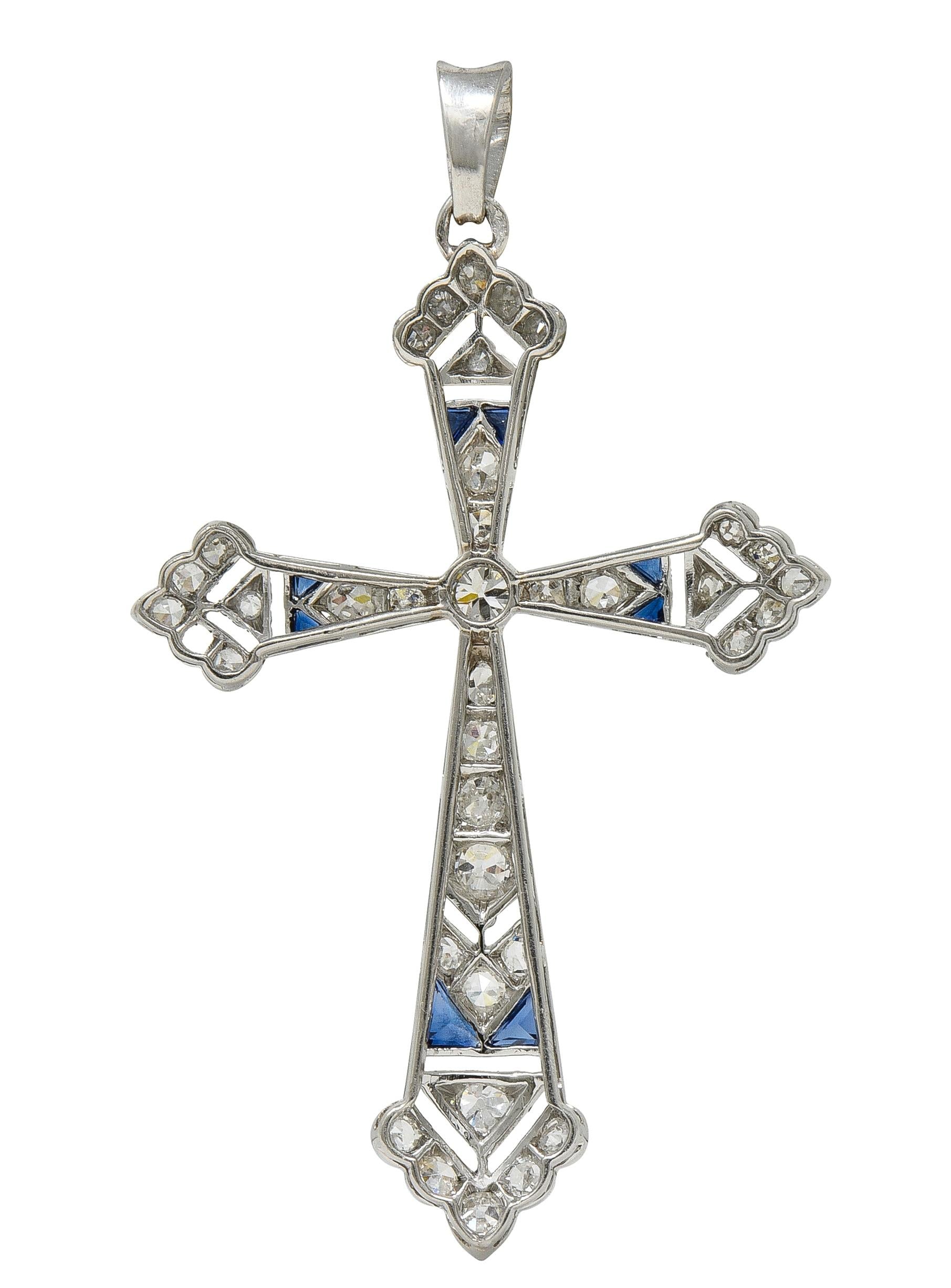 French Art Deco Old European Cut Diamond Sapphire Platinum Vintage Cross Pendant