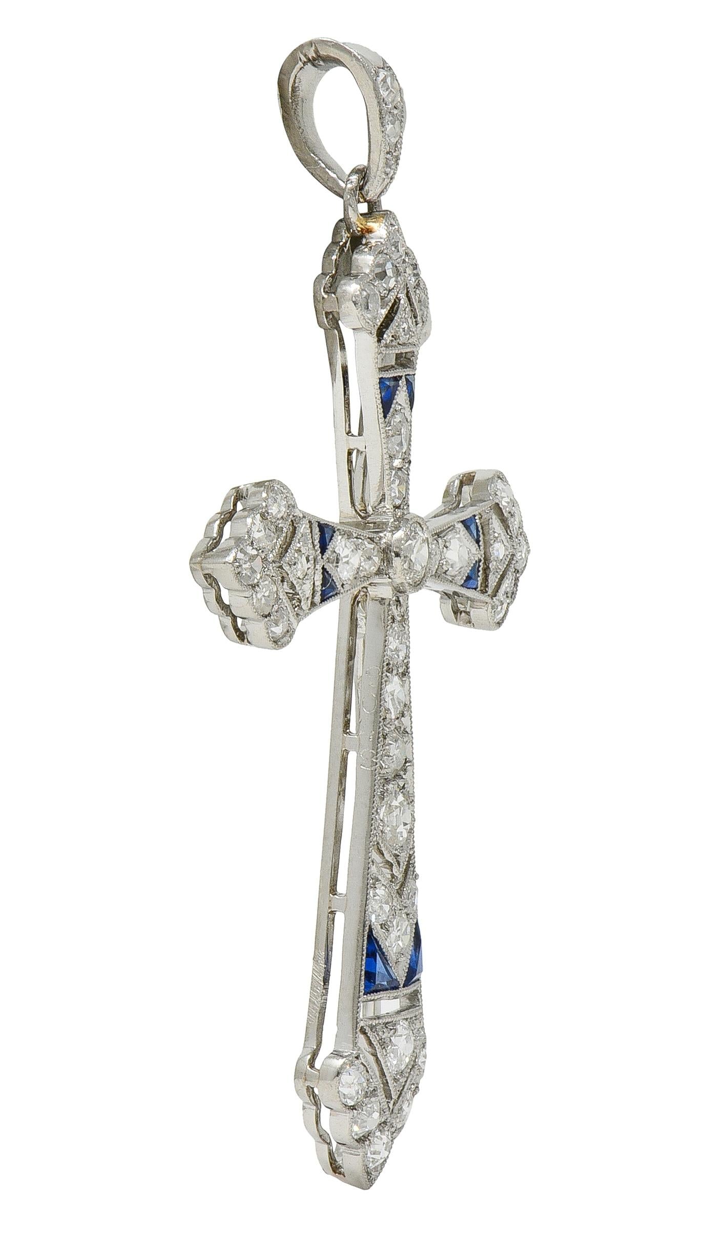 French Art Deco Old European Cut Diamond Sapphire Platinum Vintage Cross Pendant