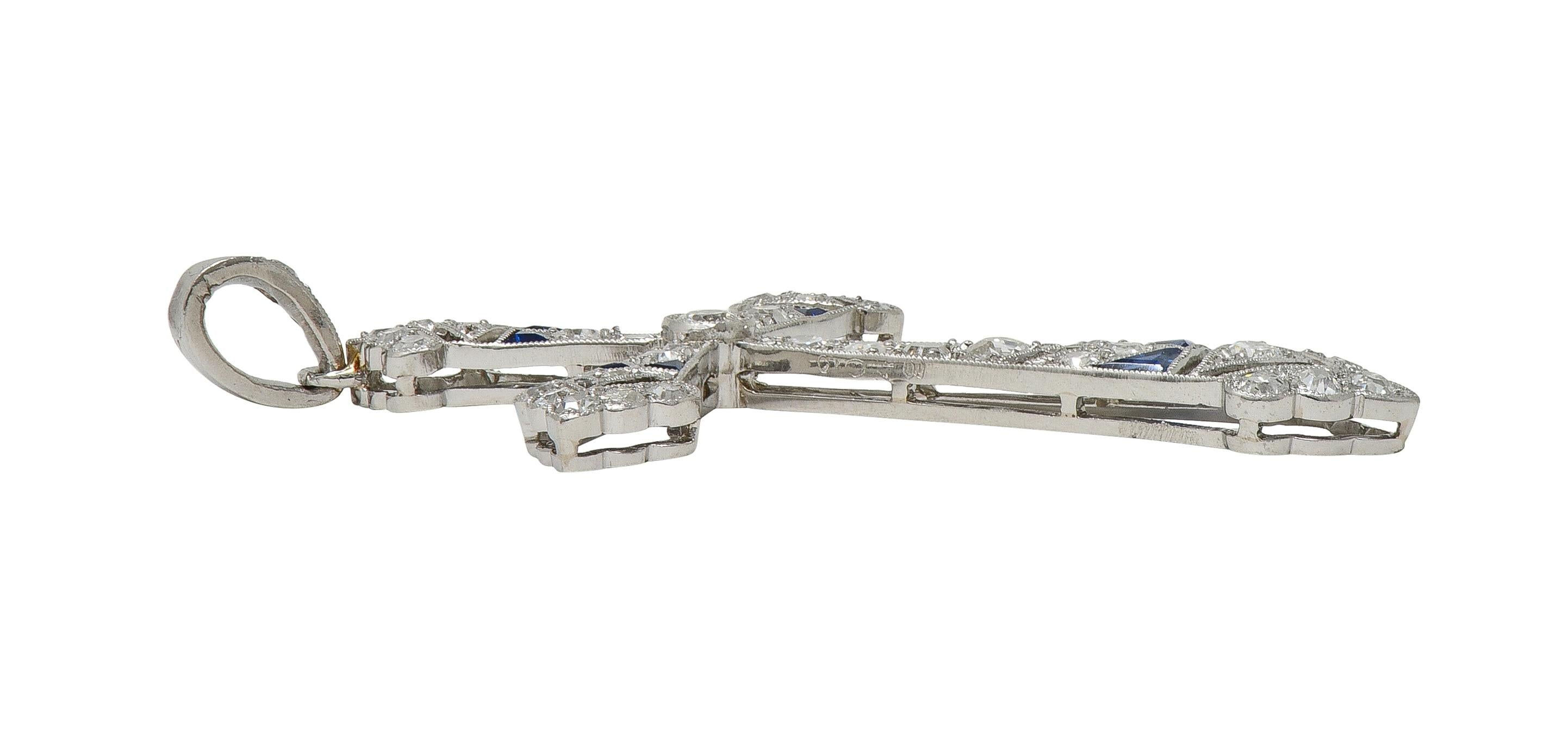 French Art Deco Old European Cut Diamond Sapphire Platinum Vintage Cross Pendant