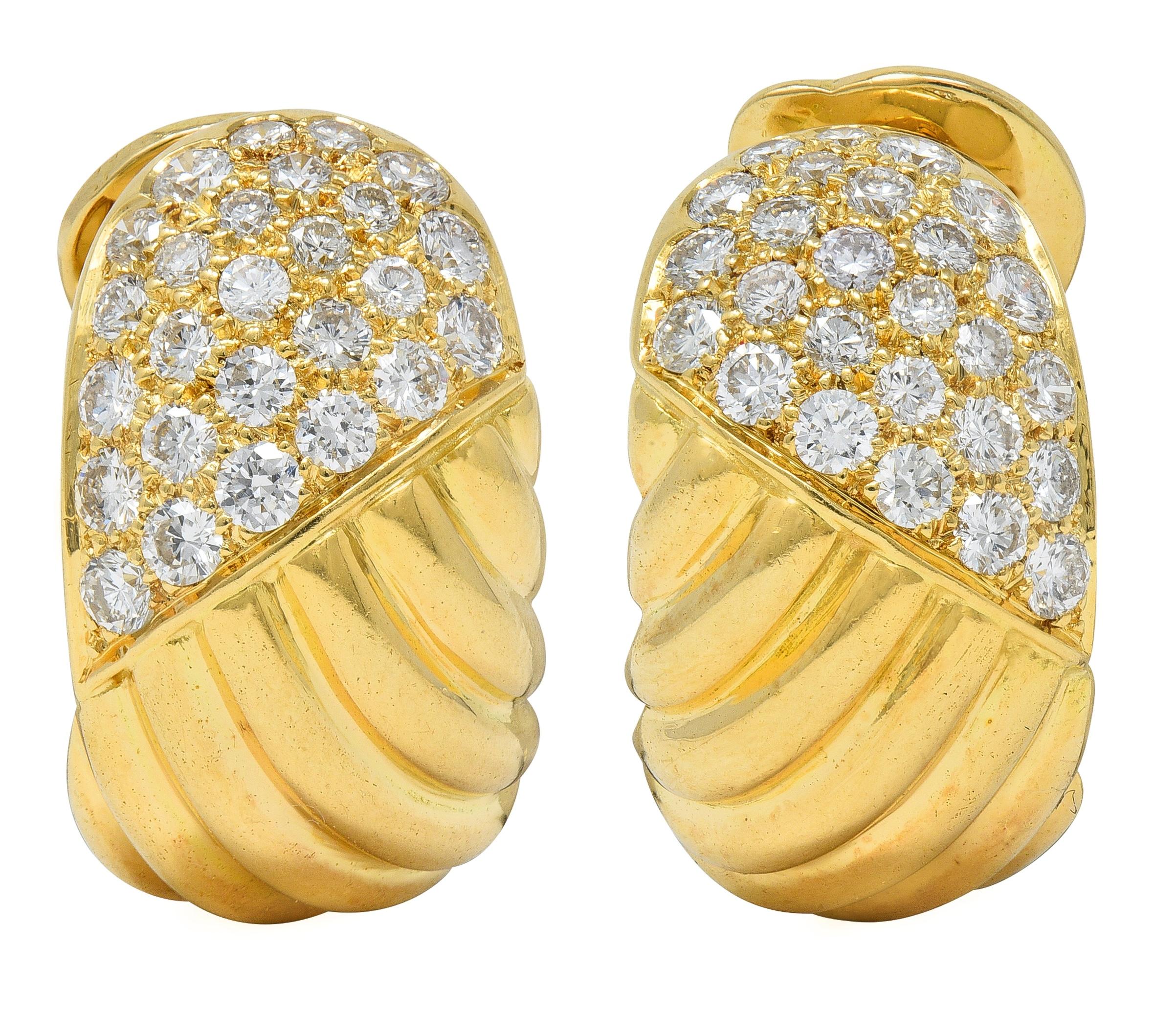 Van Cleef & Arpels French 1980's Diamond 18K Gold J-Hoop Ear-Clip Earrings