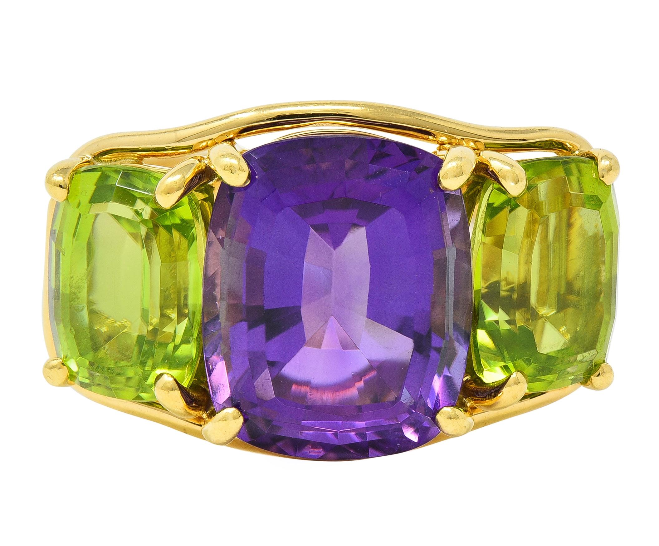Verdura 1990's Amethyst Peridot 18 Karat Yellow Gold Vintage Three Stone Ring