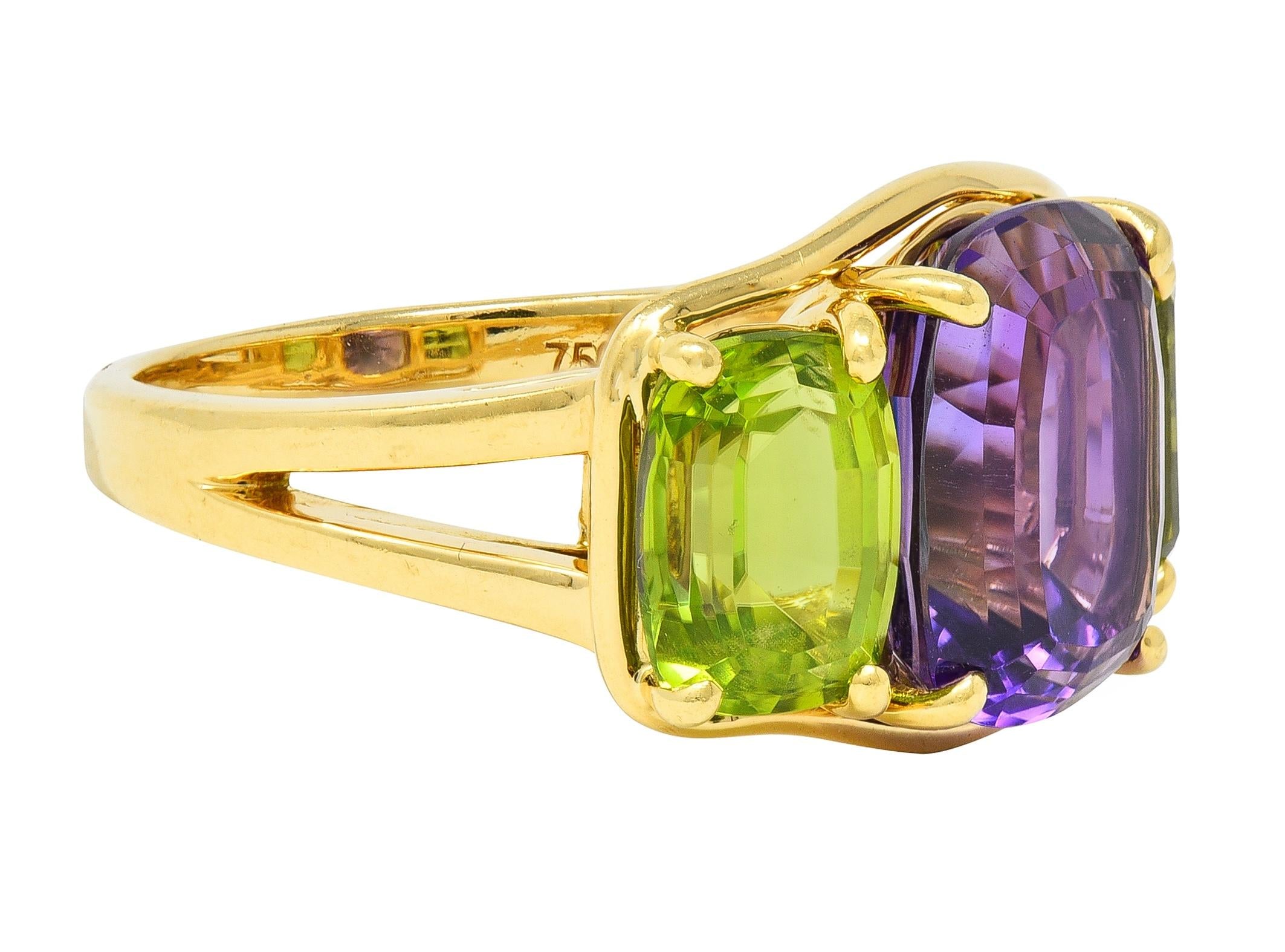 Verdura 1990's Amethyst Peridot 18 Karat Yellow Gold Vintage Three Stone Ring