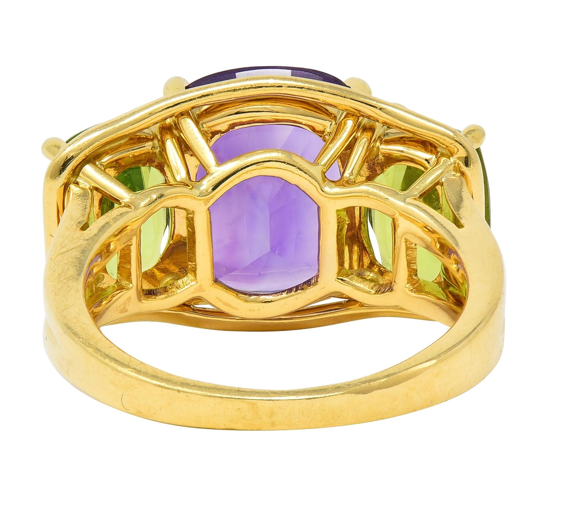 Verdura 1990's Amethyst Peridot 18 Karat Yellow Gold Vintage Three Stone Ring