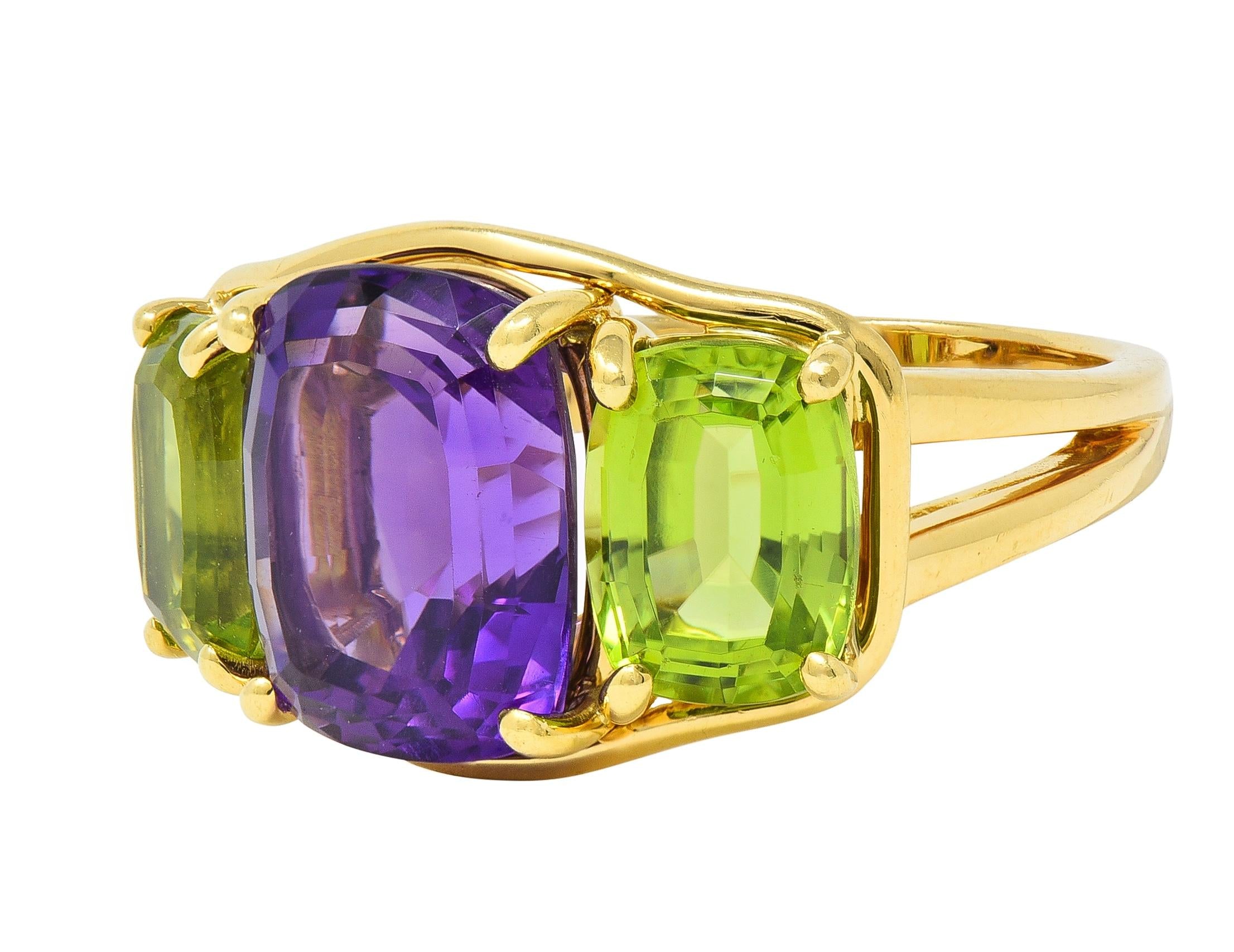 Verdura 1990's Amethyst Peridot 18 Karat Yellow Gold Vintage Three Stone Ring