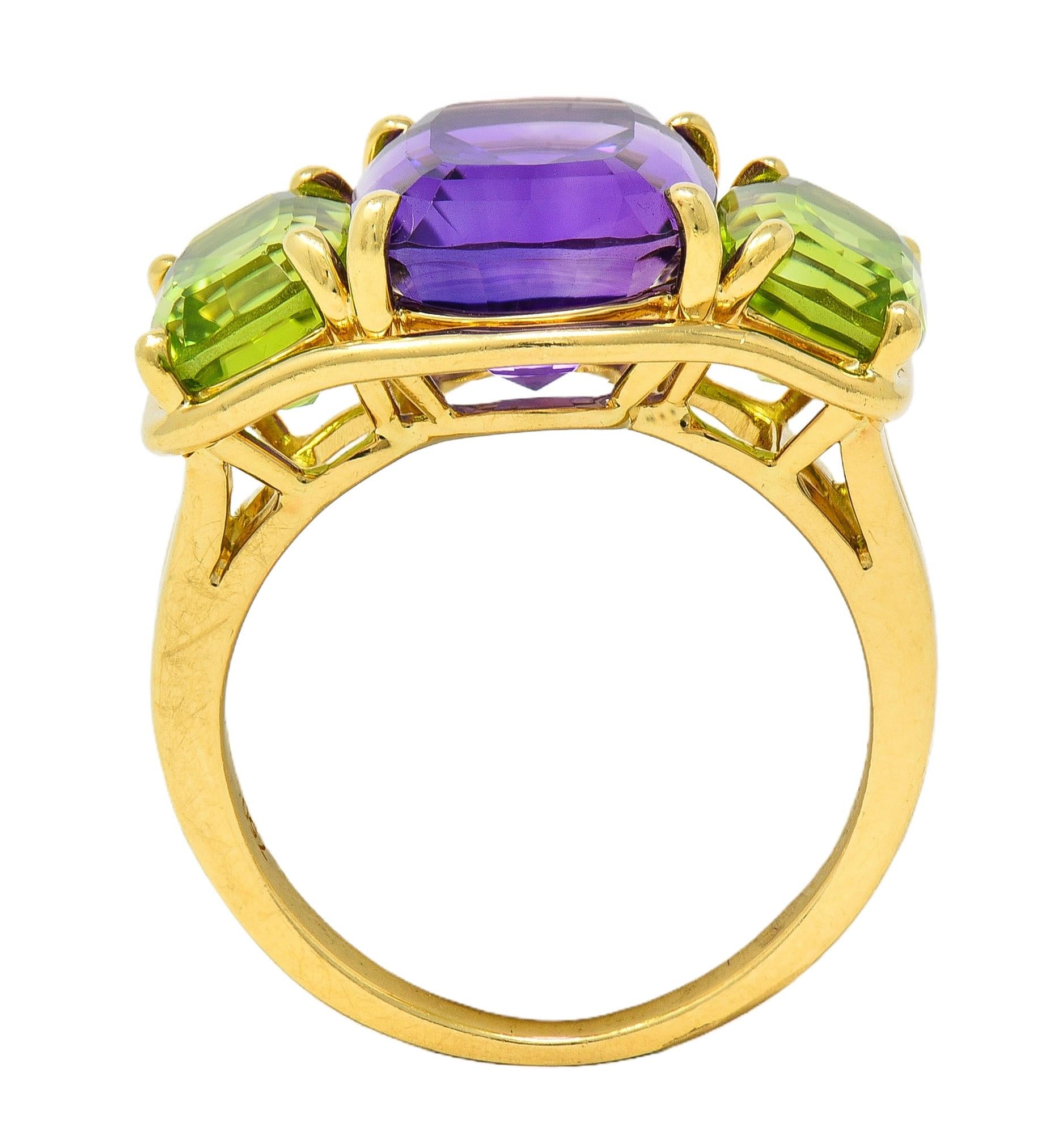 Verdura 1990's Amethyst Peridot 18 Karat Yellow Gold Vintage Three Stone Ring