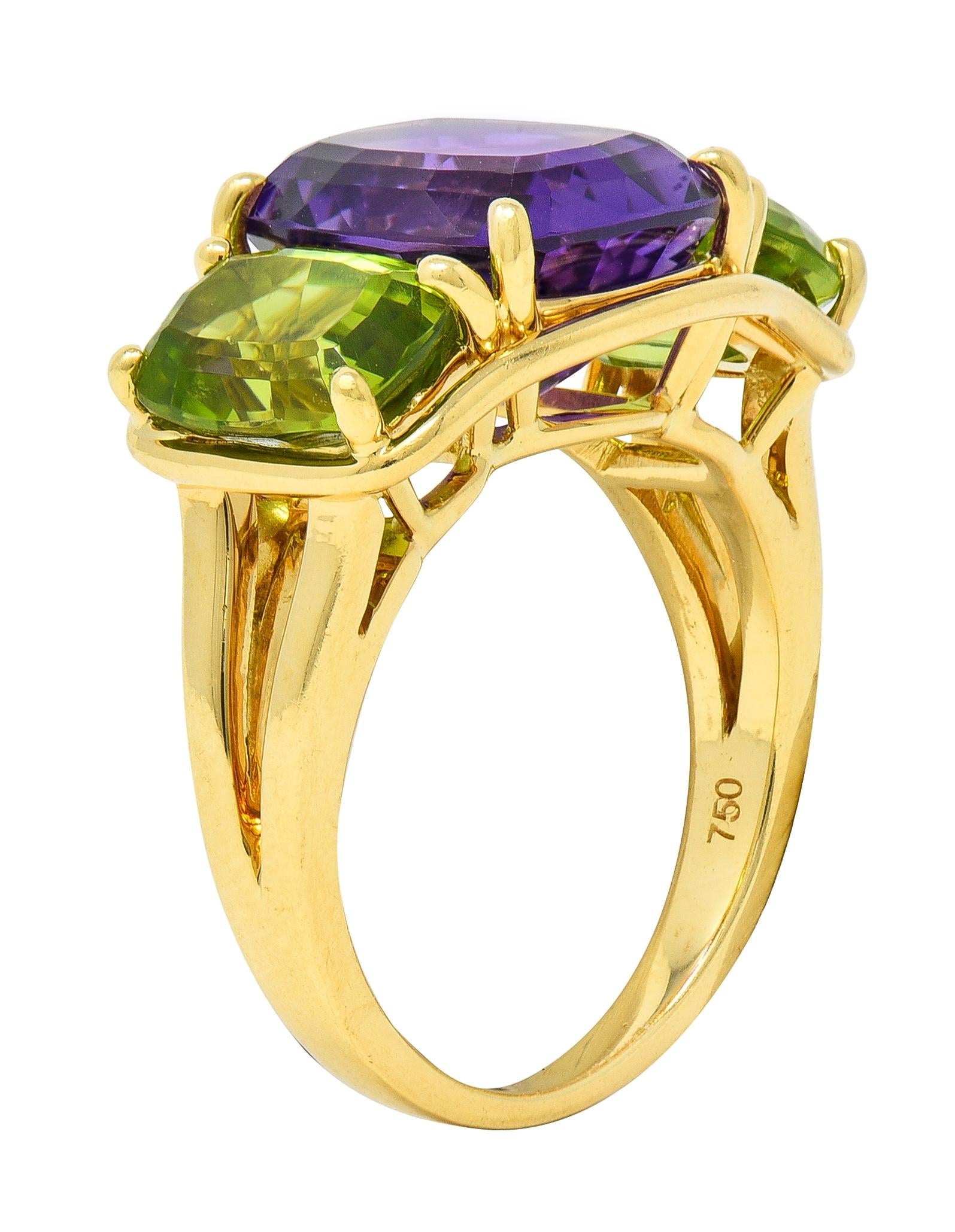 Verdura 1990's Amethyst Peridot 18 Karat Yellow Gold Vintage Three Stone Ring