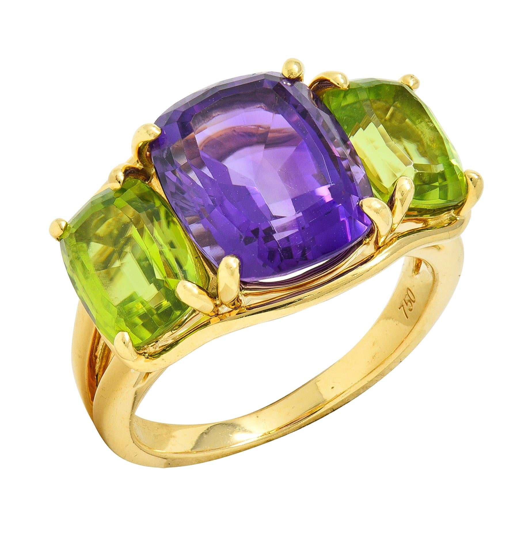 Verdura 1990's Amethyst Peridot 18 Karat Yellow Gold Vintage Three Stone Ring