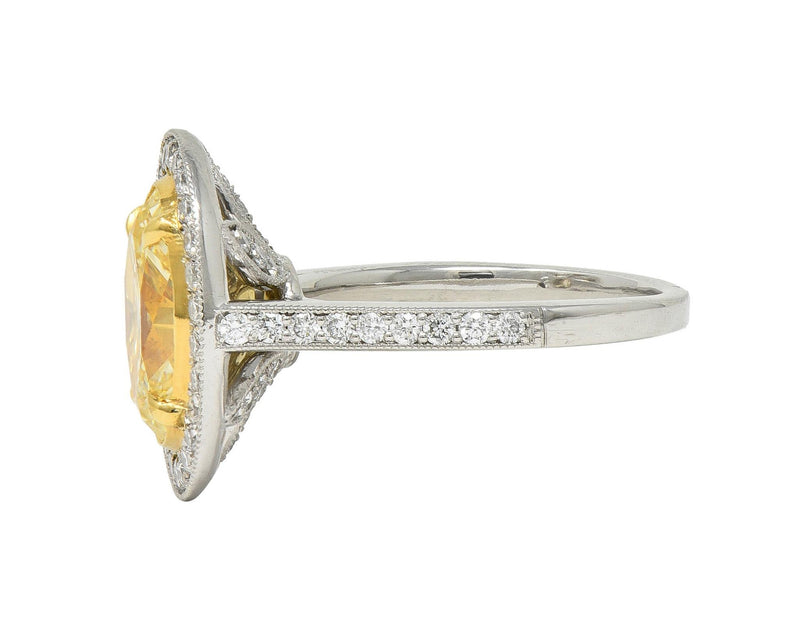 Contemporary 2.72 CTW Yellow Diamond Platinum 18 Karat Gold Halo Ring GIA