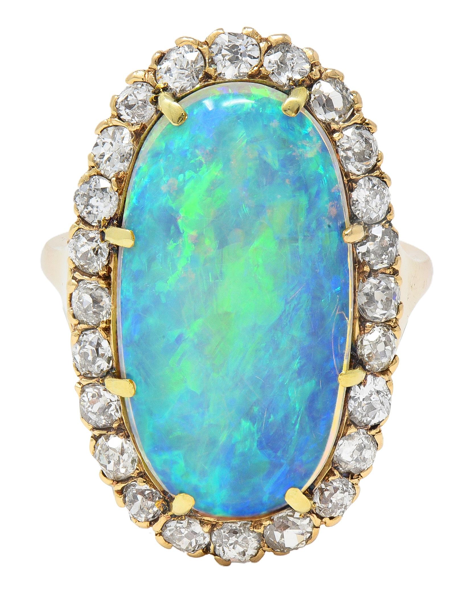 Victorian Jelly Opal Diamond 14 Karat Yellow Gold Antique Halo Cocktail Ring
