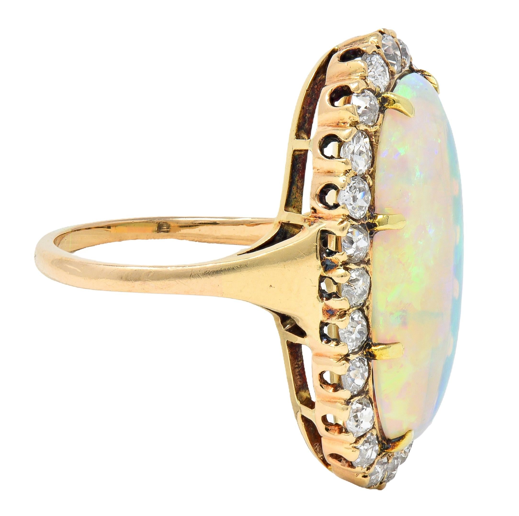 Victorian Jelly Opal Diamond 14 Karat Yellow Gold Antique Halo Cocktail Ring