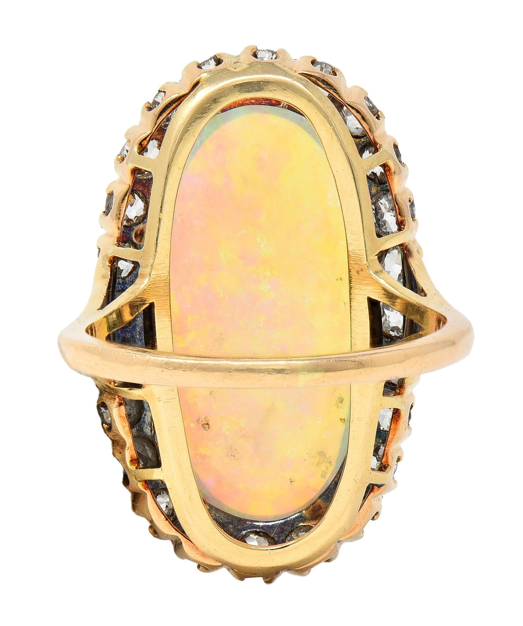 Victorian Jelly Opal Diamond 14 Karat Yellow Gold Antique Halo Cocktail Ring