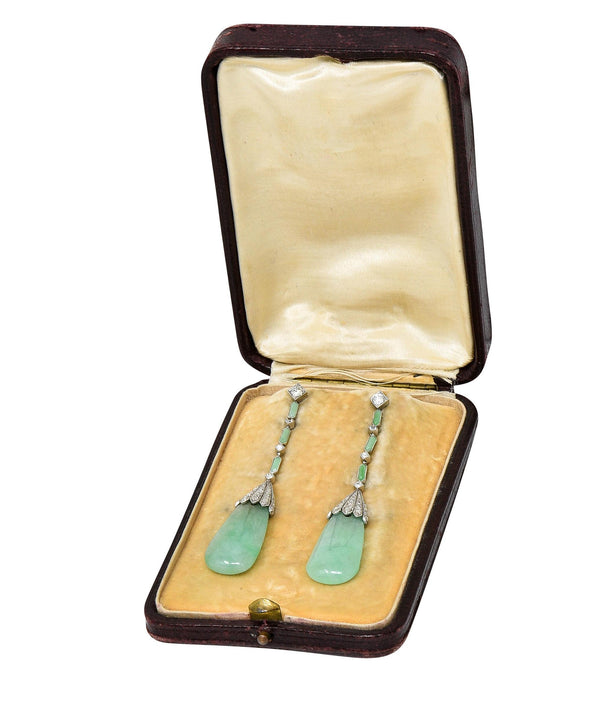 Art Deco French 1.55 CTW Diamond Carved Jade Platinum Vintage Drop Earrings