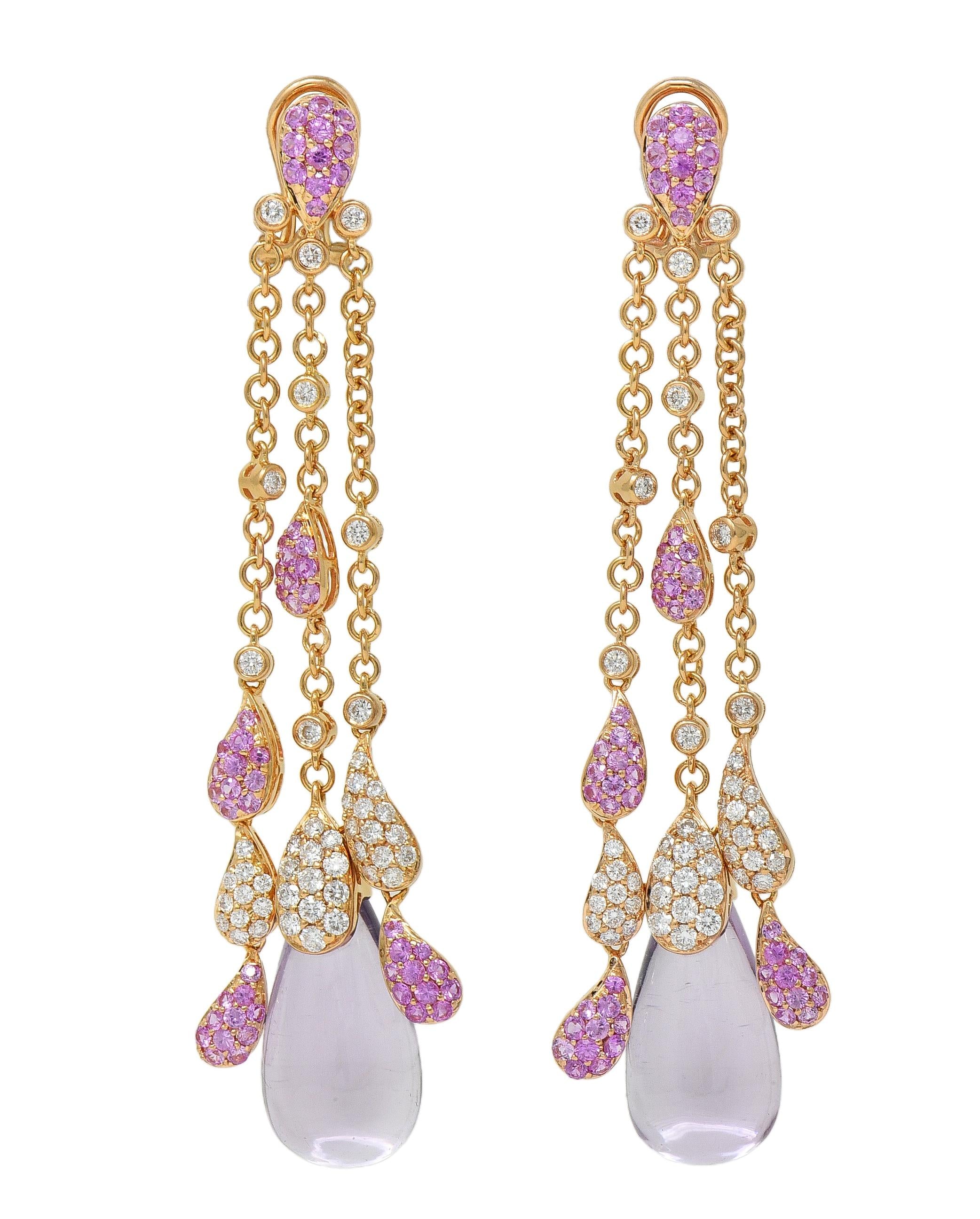 Contemporary 5.46 CTW Pink Sapphire Diamond Amethyst 18K Gold Drop Earrings