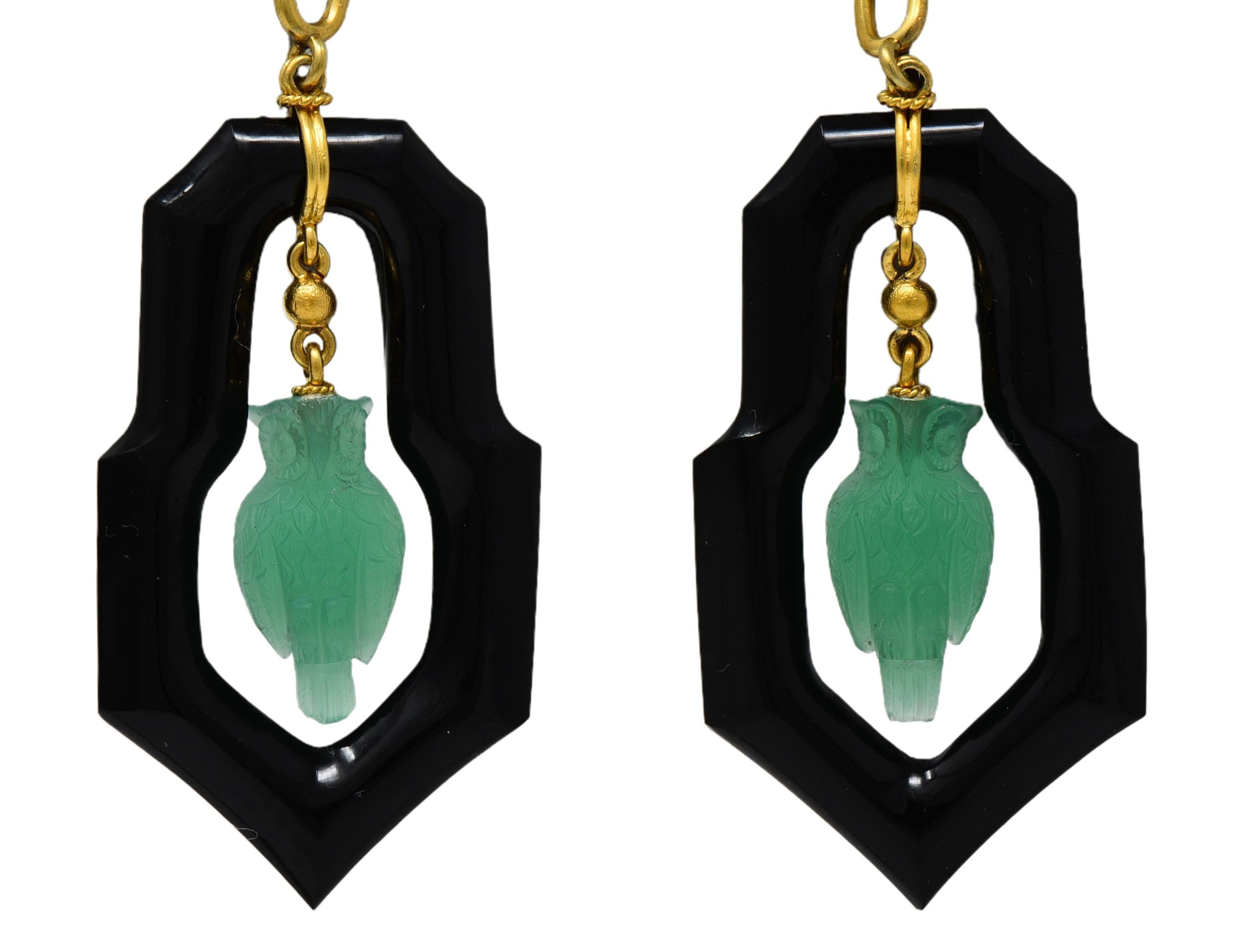Art Deco Chrysoprase Onyx 14K Yellow Gold Owl Antique Screw-Back Drop Earrings