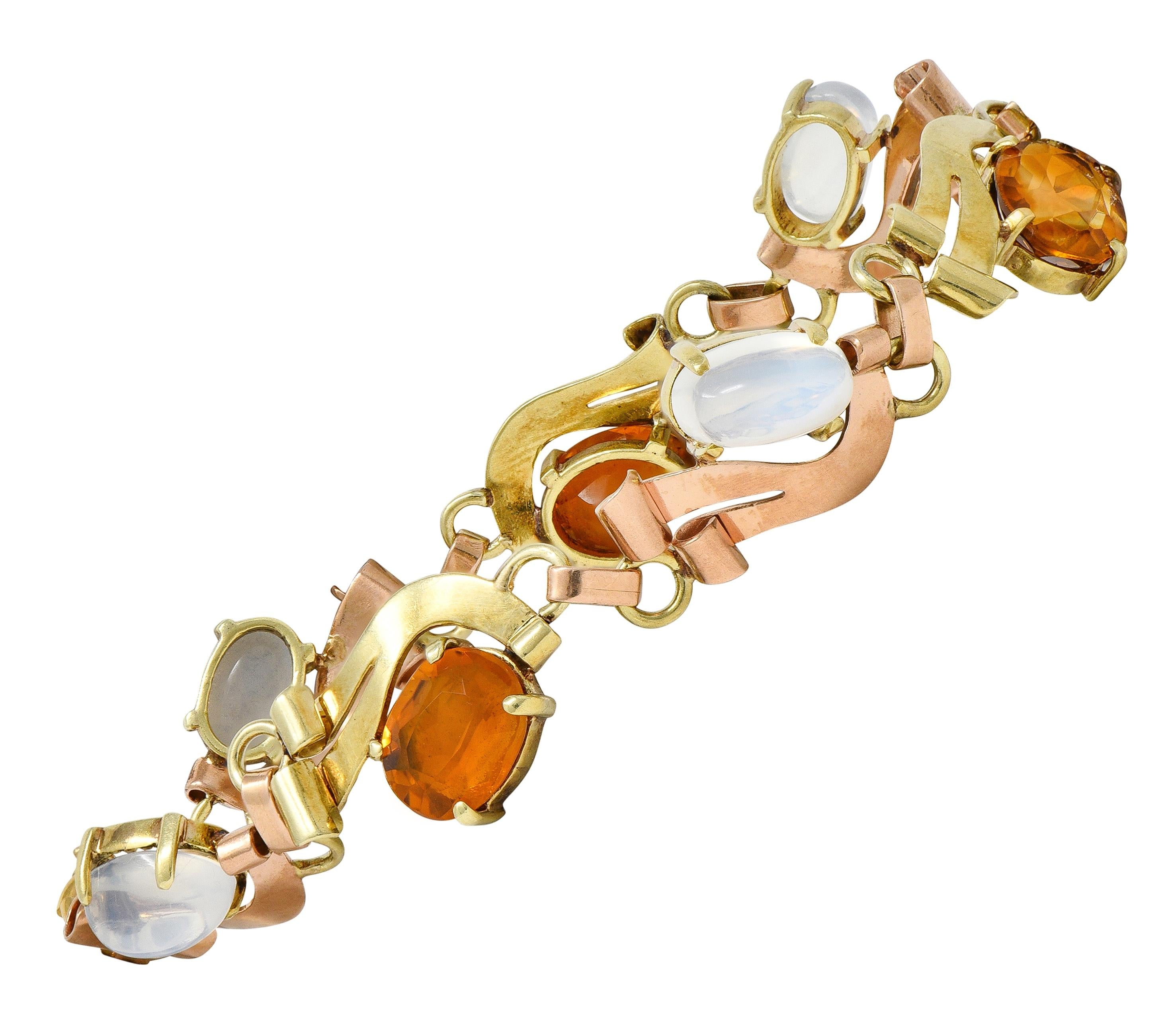 Retro Citrine Moonstone 14 Karat Two-Tone Gold Vintage Ribbon Link Bracelet